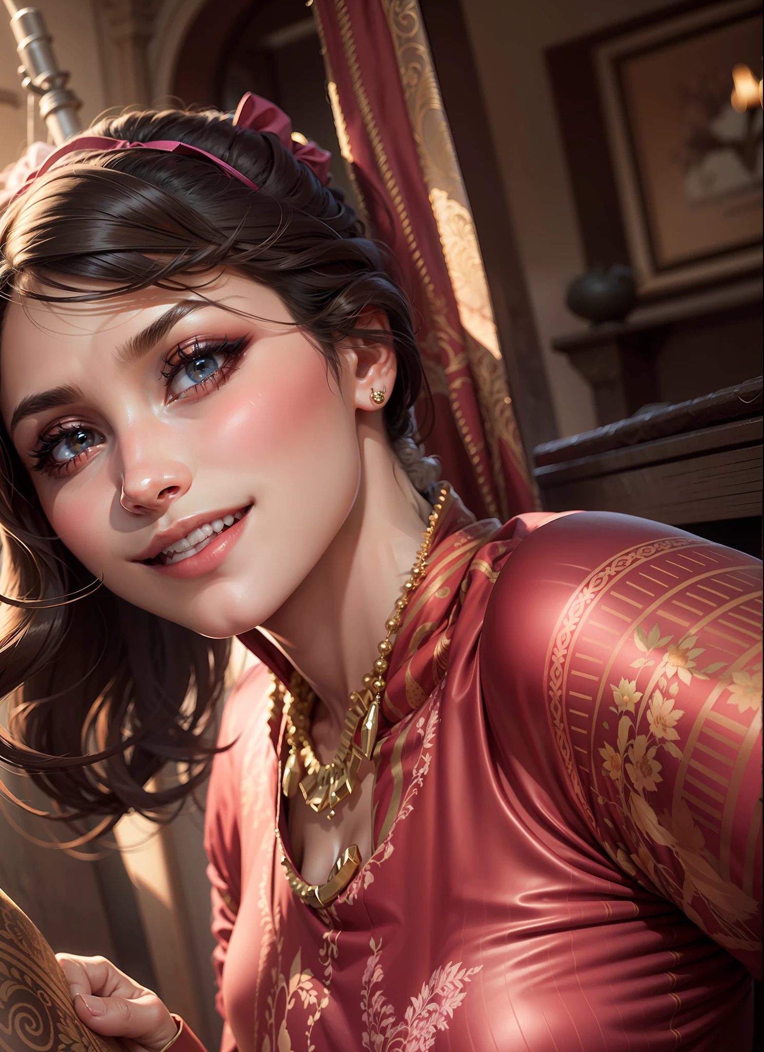 Beautiful girl with sharp eyes. Smiling with closed mouth and pink kurti. Gorgious look . 12k Super ultra realistic. Without brest.