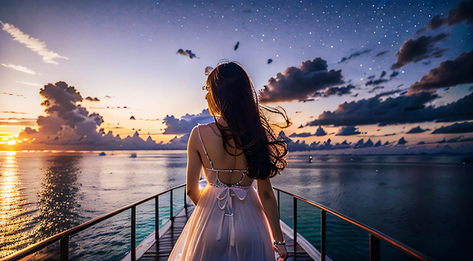 Best quality, ultra high resolution photo, drone footage, Maldives sunset, woman in dress, woman with long hair, woman in back, full body, clear sky without clouds, floating hotel, top quality, best quality, 8k, 8k resolution