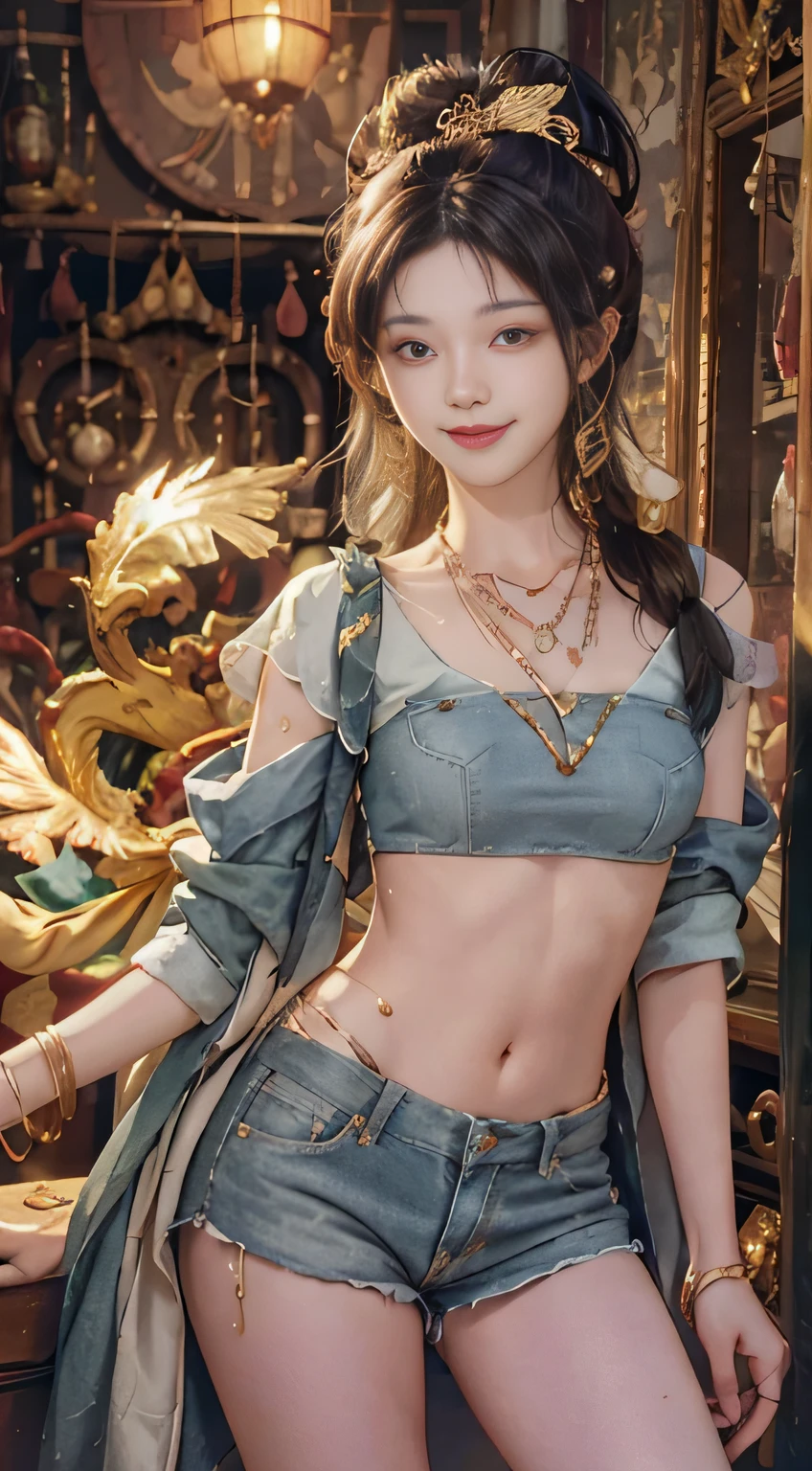 Focus: 1.2, Perfect Body Beauty: 1.4, Buttocks: 1.2, (Brown hair, Medium breasts: 1.3), Gold feathers, Delicate eyes, Double eyelids, smile, necklace, denim shorts