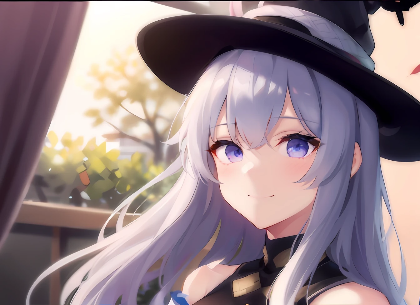 anime girl with purple hair wearing a black hat and black dress, fine details. girls frontline, from girls frontline, guweiz, girls frontline universe, girls frontline cg, [[[[grinning evily]]]], girls frontline style, discord pfp, ayaka genshin impact, 2d icon, girls frontline, avatar image