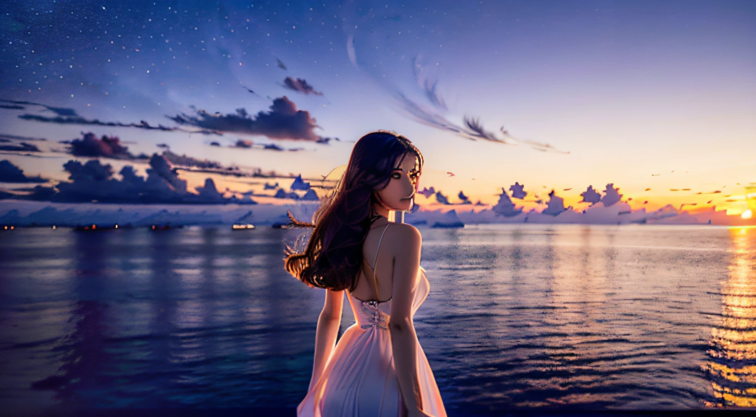 Best quality, ultra high resolution photo, drone footage, Maldives sunset, woman in dress, woman with long hair, woman in back, full body, clear sky without clouds, floating hotel, top quality, best quality, 8k, 8k resolution