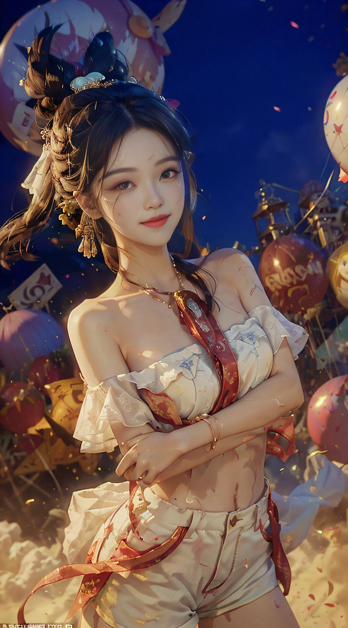 Slim beauty: 1.4, Tattoo: 1.1, (Brown hair, Middle breasts: 1.3), ((busts)), (2 arms)), (2 legs)), ((Bare shoulders)), (Seductive), (Glamorous), (Beautiful Detailed Face))), ((Messy Hair)), ((Smiling)), (Gradient Eyes)), ((White Cloud Background)), ((Chest Shrinkage)), ((Shorts)), ((High Saturation)), ((Balloon)), ((Dynamic Angle)), ((Dynamic Angle)), (( City)),((Night)),((Outdoor)),((Highly detailed face and skin texture)),((Double eyelid)),((Skin whitening)),((Magazine cover)),