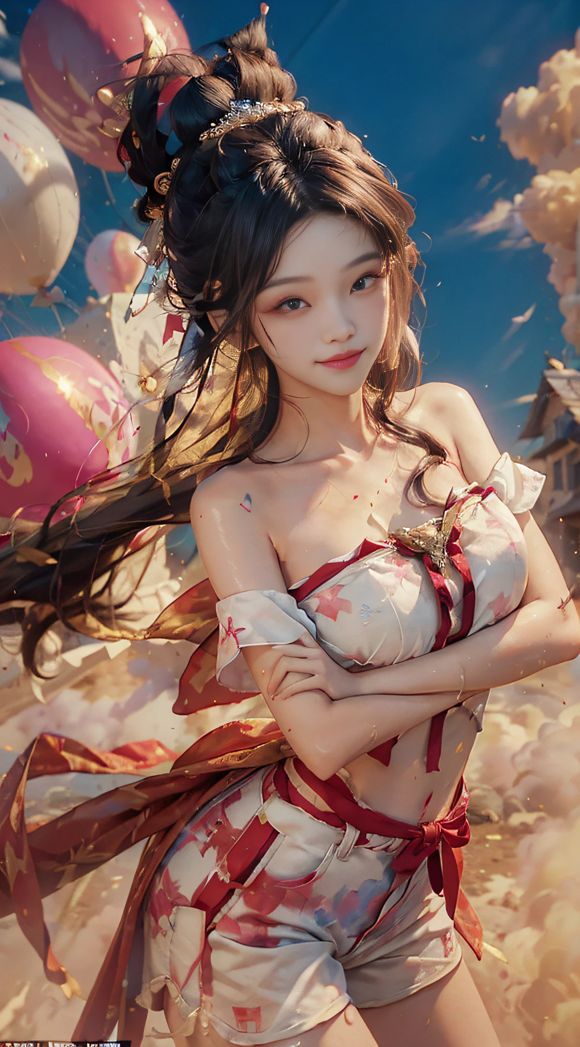 Slim beauty: 1.4, Tattoo: 1.1, (Brown hair, Middle breasts: 1.3), ((busts)), (2 arms)), (2 legs)), ((Bare shoulders)), (Seductive), (Glamorous), (Beautiful Detailed Face))), ((Messy Hair)), ((Smiling)), (Gradient Eyes)), ((White Cloud Background)), ((Chest Shrinkage)), ((Shorts)), ((High Saturation)), ((Balloon)), ((Dynamic Angle)), ((Dynamic Angle)), (( City)),((Night)),((Outdoor)),((Highly detailed face and skin texture)),((Double eyelid)),((Skin whitening)),((Magazine cover)),