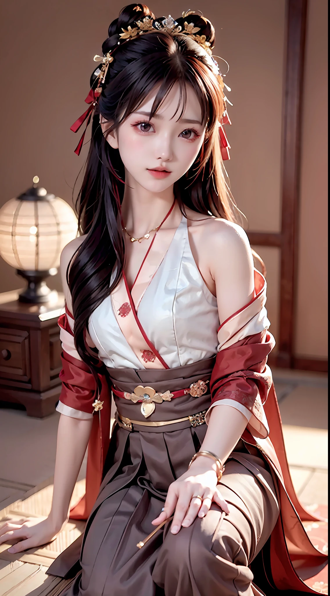 JK girl, girl wearing Japanese girls' school uniform, 8K, very high image quality, film texture, realistic, eating Japanese food, Japanese background, depth of field, tatami room, warm lighting, bow on chest, bangs, long hair over the shoulder, (playful eyes), double eyelids, deepening of the tail of the eyes, lying silkworm, bracelet on the wrist, scarlet lips, sparkling lips with texture, fine skin texture, brown sparkling pupils, (((eyes looking at the camera)))), slender fingers, ((round face)), ( ((small lips)))