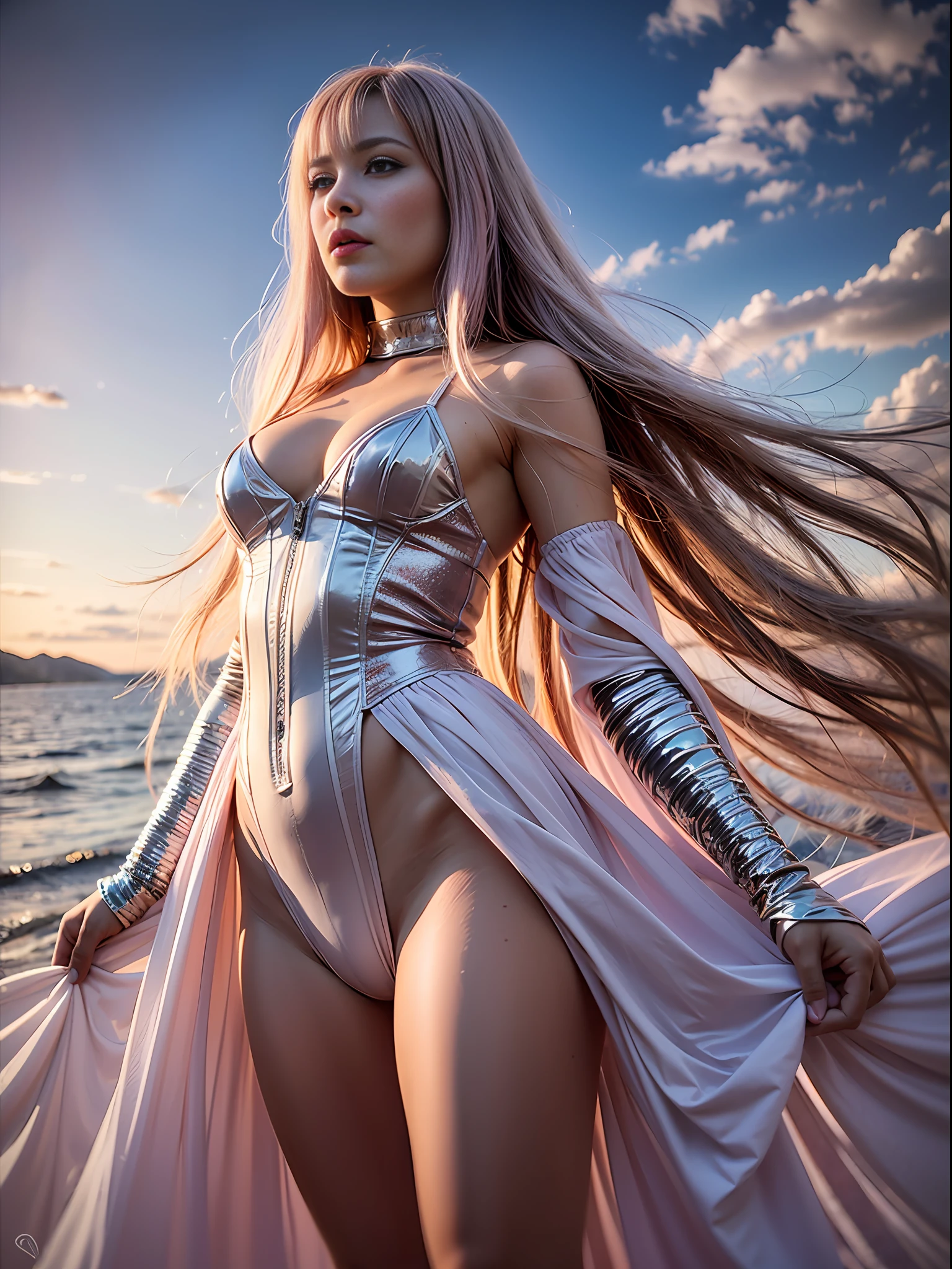 8k, RAW photo, top quality, masterpiece: 1.2), (realistic, realistic: 1.37), ultra detail, super high resolution, pio apple, a girl, look at the audience, big, beautiful detail eyes, floating hair, bangs, skin texture, slim waist, (Curve: 0.4), pink dress, pink desert, Asian woman, (sky full of pale pink transparent jellyfish), clean and uniform color, soft, white skin, delicate, pink sky, full body, looking up, SLR, surrealism, panorama, lycra lens, photography, photorealism, flowing hair, pink hair