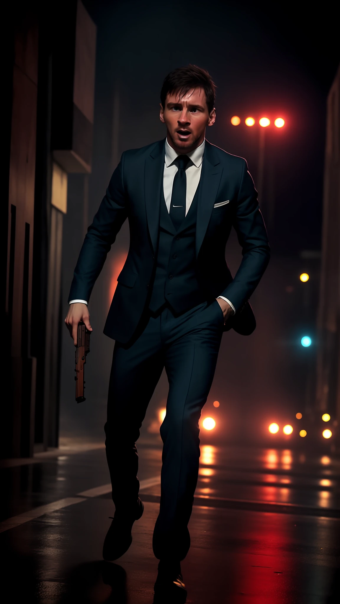 Messi , running at the rain, fight scene shot gun, gun flare is burn, cinematic style