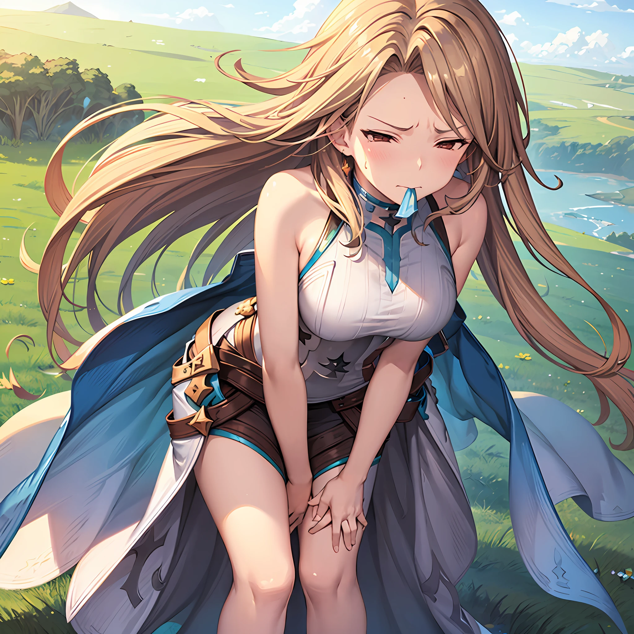 masterpiece, Top quality, High resolution, 6 star costume, 1 girl, Solo, Grass, katalina (granblue fantasy),sweaty,fog,be breathless,legs closed,eyes closed,sad,teary eyes,holding your crotch with both hands,frowning,frowning,mouth open,leaning forward