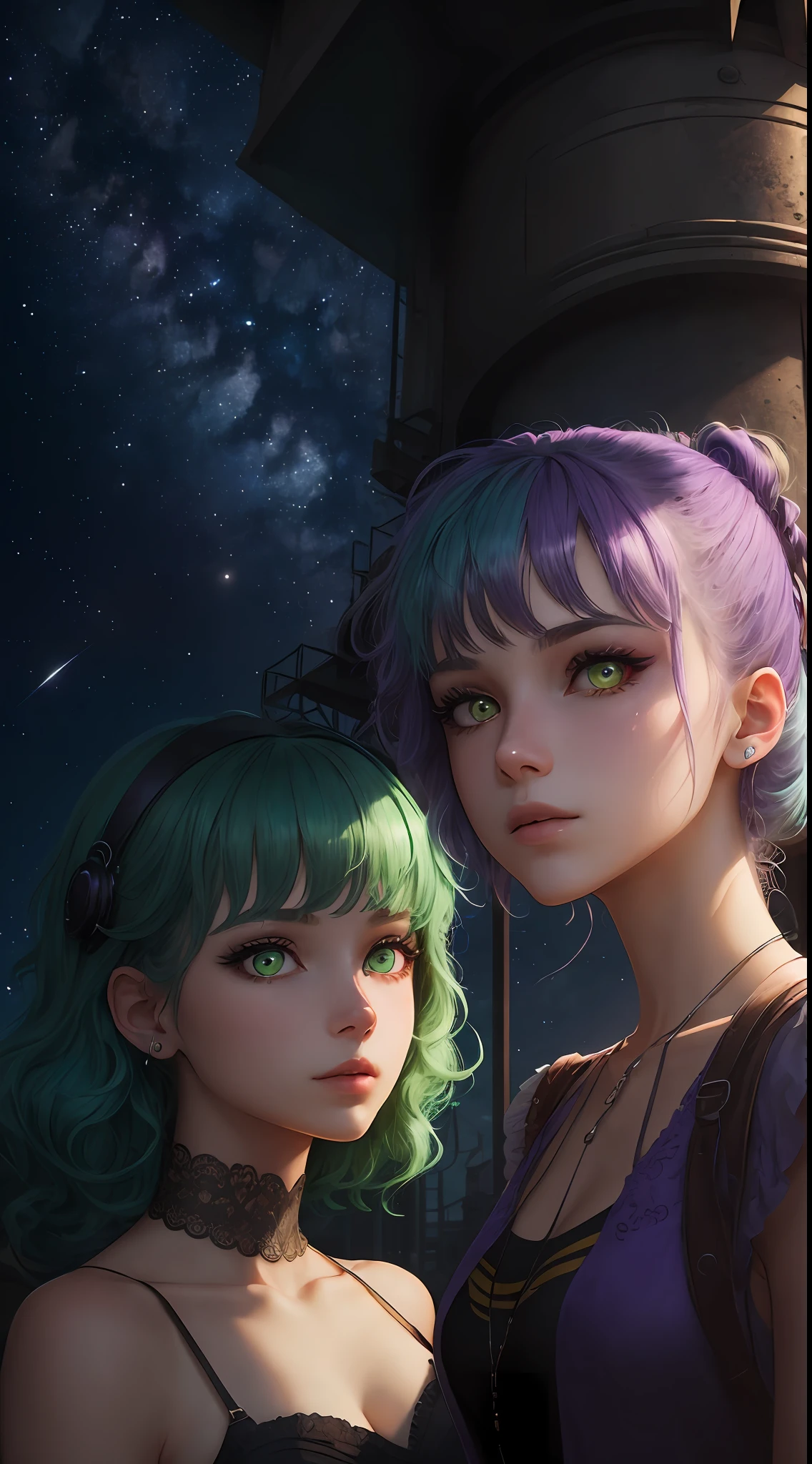 masterpiece, best quality, high quality, high definition, high quality texture, high quality shadow, high detail, realistic, cinematic light, side lighting, lens reflection, ray tracing, sharp focus, two girls with a distance from each other, one girl with green hair, and the other with purple and lilac hair, and yellow and cyan eyes, they are on top of a tall tower with the night sky and starry --auto