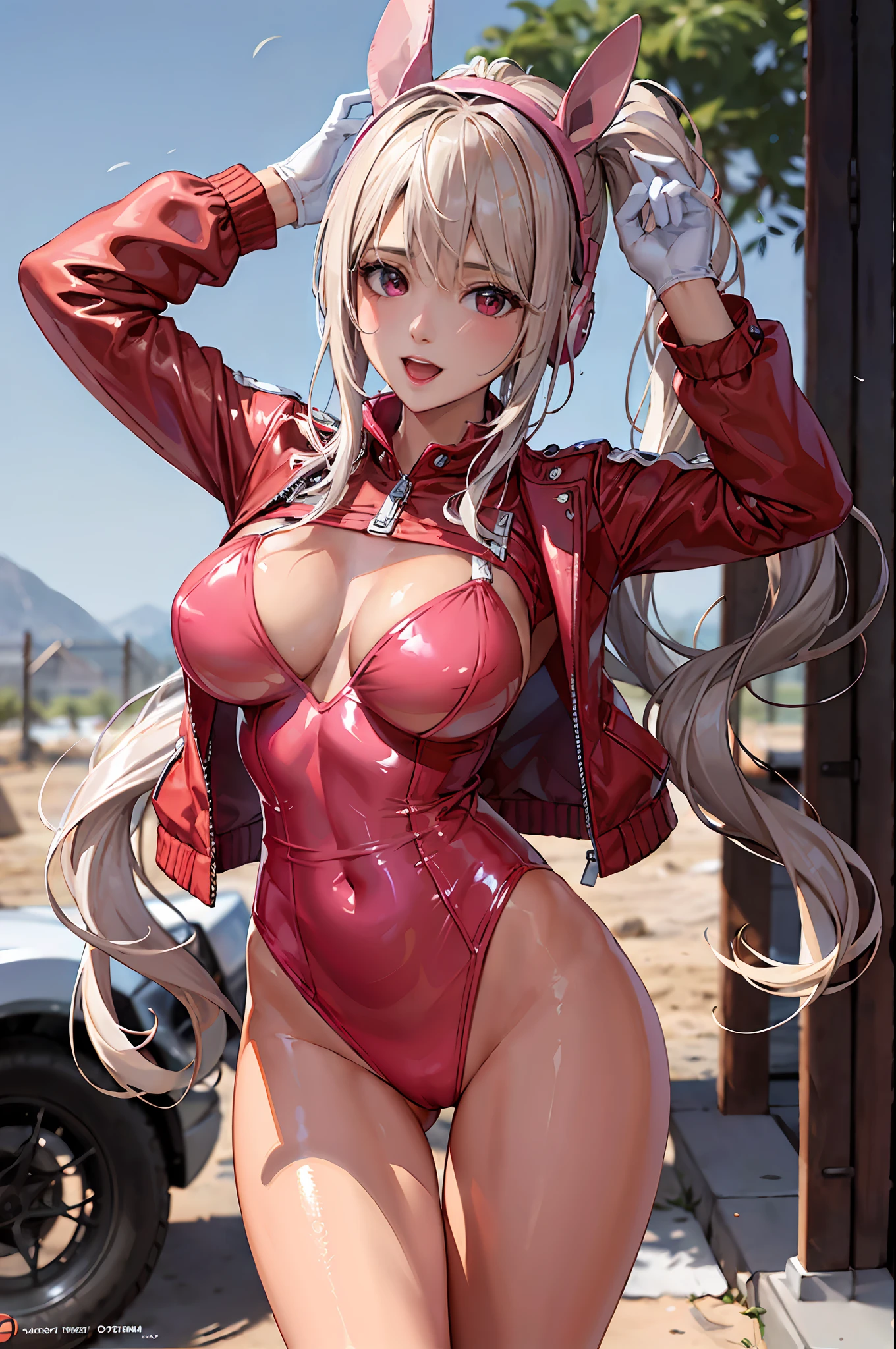 (RAW photo, best quality, masterpiece:1.2), (realistic, photo-realistic:1.4),(masterpiece:1.4),(best quality:1.4),1girl, solo, :d, animal ear headphones, arms up, bangs, blush, bodysuit, breasts, bunny pose, clothes writing, covered navel, cowboy shot, cropped jacket, gloves, outdoor,morning,hair intakes, headphones, impossible bodysuit, impossible clothes, jacket, large breasts, latex, latex bodysuit, long hair, long sleeves, looking at viewer, large breasts, open mouth, pink bodysuit, pink eyes, red eyes, red jacket, shiny clothes, shrug \(clothing\), sidelocks, skin tight, smile, thigh gap, thighs, twintails, very long hair, white gloves, white hair,alice \(nikke\),(shiny skin),realistic, beatutiful hands:1.3, leaning towards the camera, dark industrial desert background, bokeh,