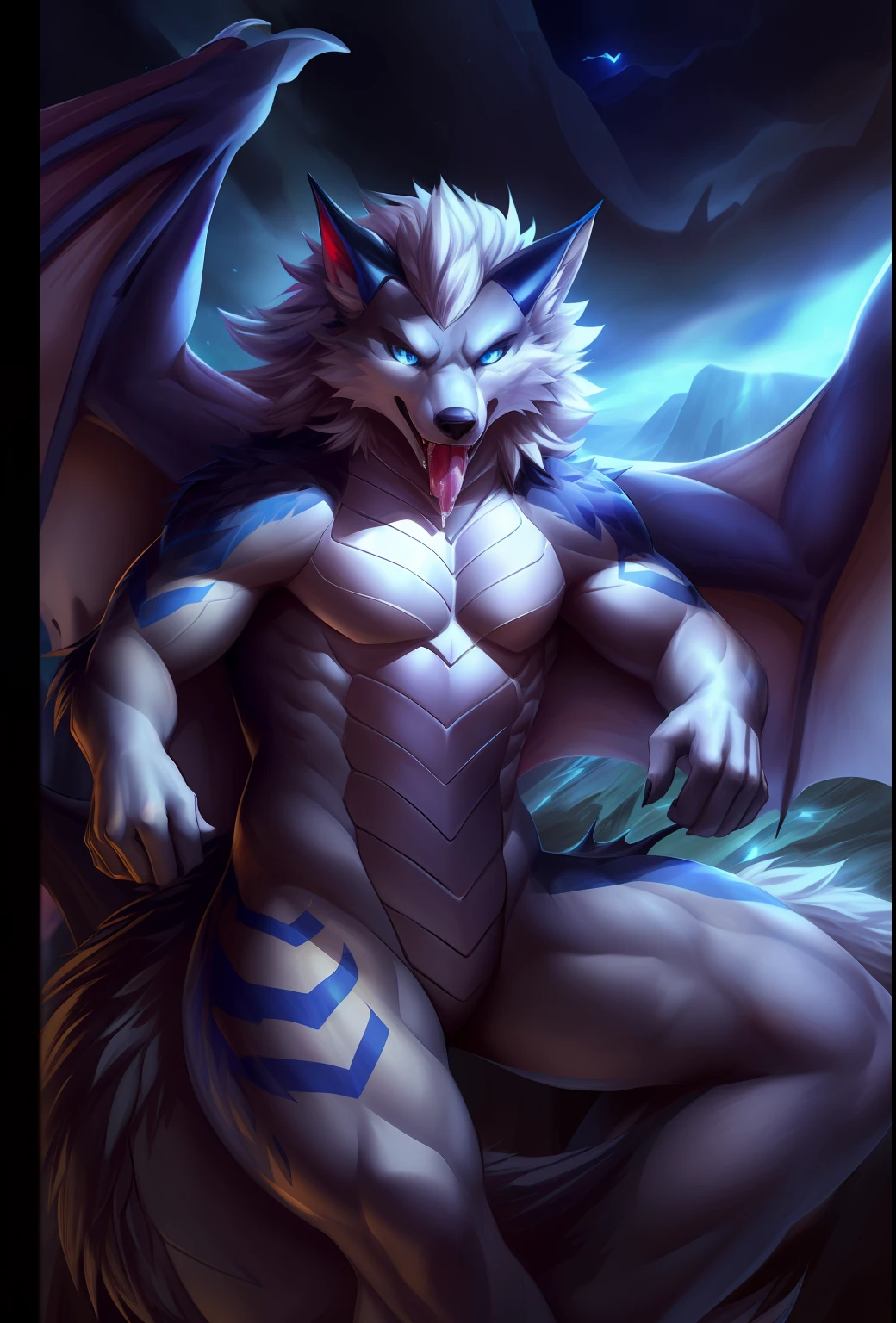 POV, correct anatomy, furry, furry, ((lair (dragon-wolf hybrid), male, red details on arms, legs and ears, wolf nose, one blue eyes and one red, cute, white skin, blue horns, gray pectoral scales, large wolf tail, dragon wings, fluffy gray hair))). Bare body, upper body, rough slits, milk, splashed on body, saliva, extremely detailed art, tesudo, gorgeous colors, professional photos, various angles, detailed landscapes, hdt, tinta, dark light, more alluring settings, ultra 8k, HDR.