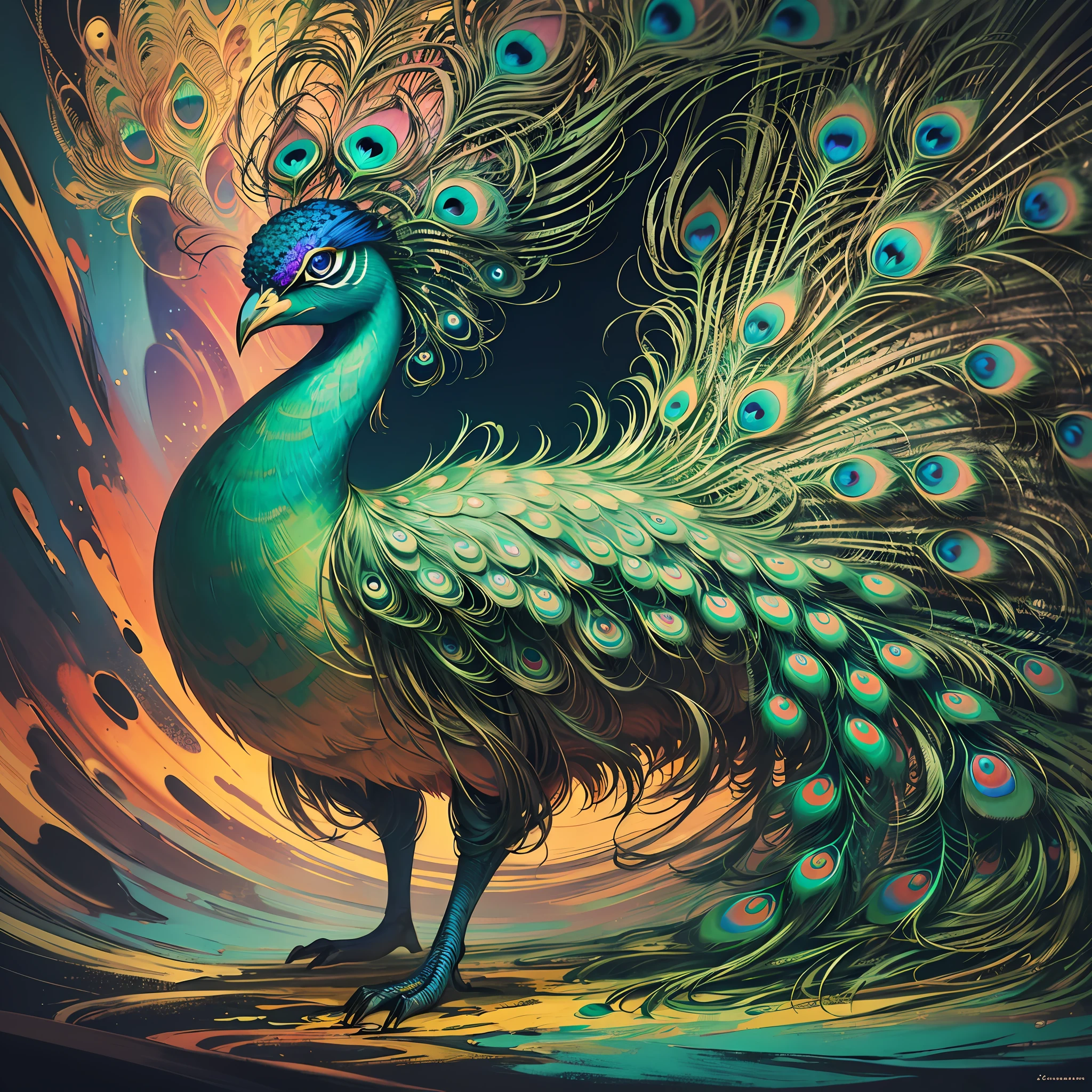 (peacock open), backlit, abstract, painting, drawn by famous artist, ethereal, liquid, abstract, masterpiece, highly detailed, best quality, highest quality, realistic lighting, ultra-detailed, surreal, color, colorful, coat, sweatshirt