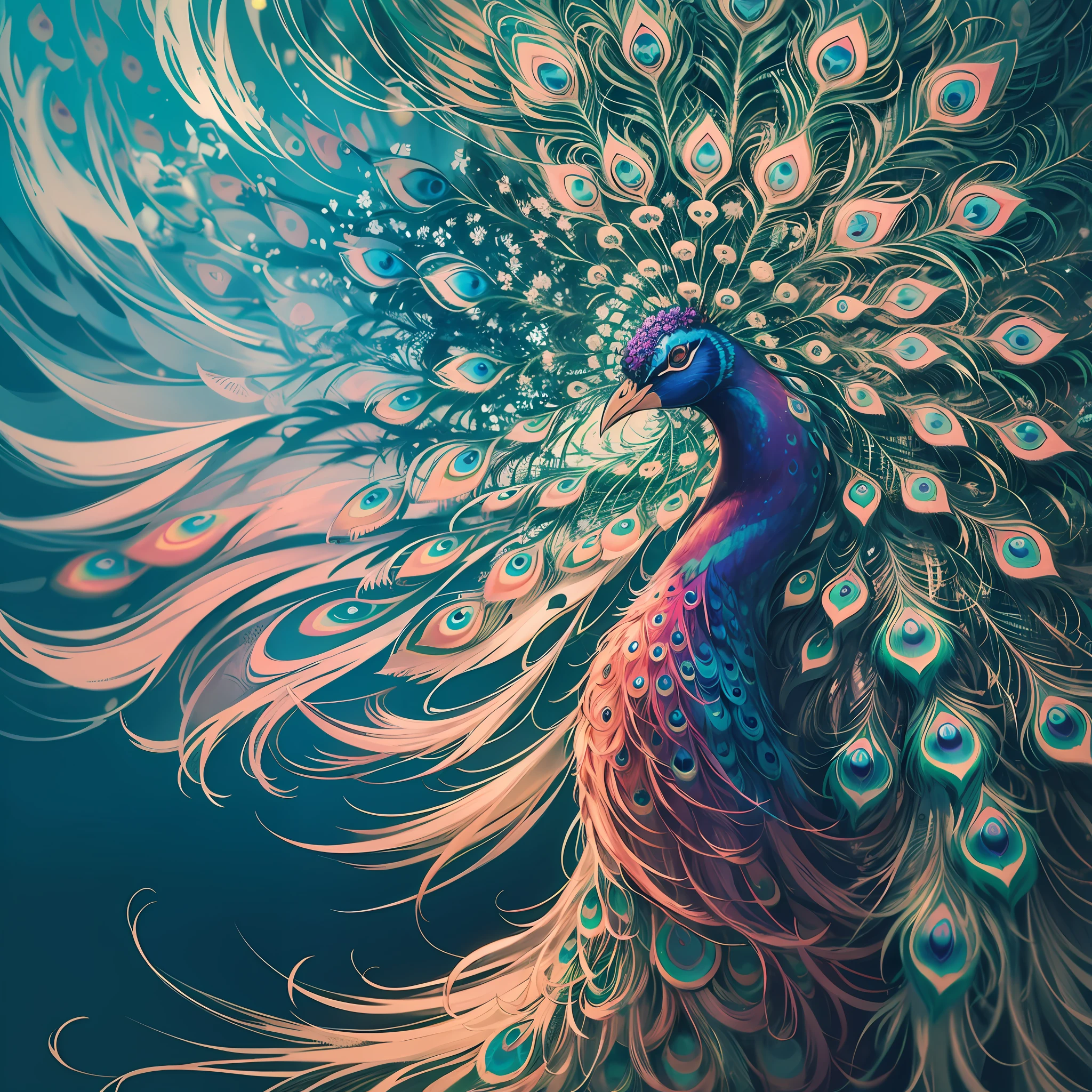 (Peacock open), front, with a colorful indigenous woman standing on the right, backlit, abstract, painting, drawn by famous artist, ethereal, liquid, abstract, masterpiece, highly detailed, best quality, highest quality, realistic lighting, ultra-detailed, surreal, color, colorful, coat, sweatshirt