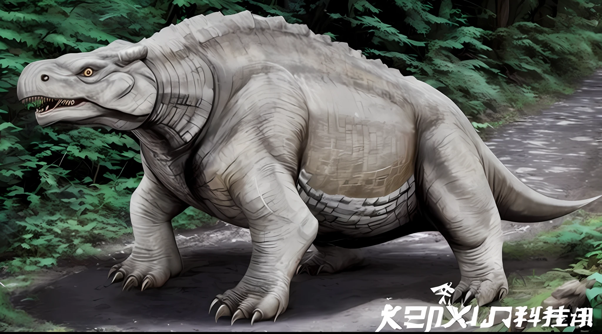 a close up of a dinosaur statue on a path in the woods, d & d loxodon, an ancient creature, ancient creature, trex dinosaur, kaiju, real life totoro, trex, ferocious appearance, rottweiler dinosaur hybrid, kaiju-eiga, realistic creature concept, by Kishi Ganku, the most bizarre hybrid animals