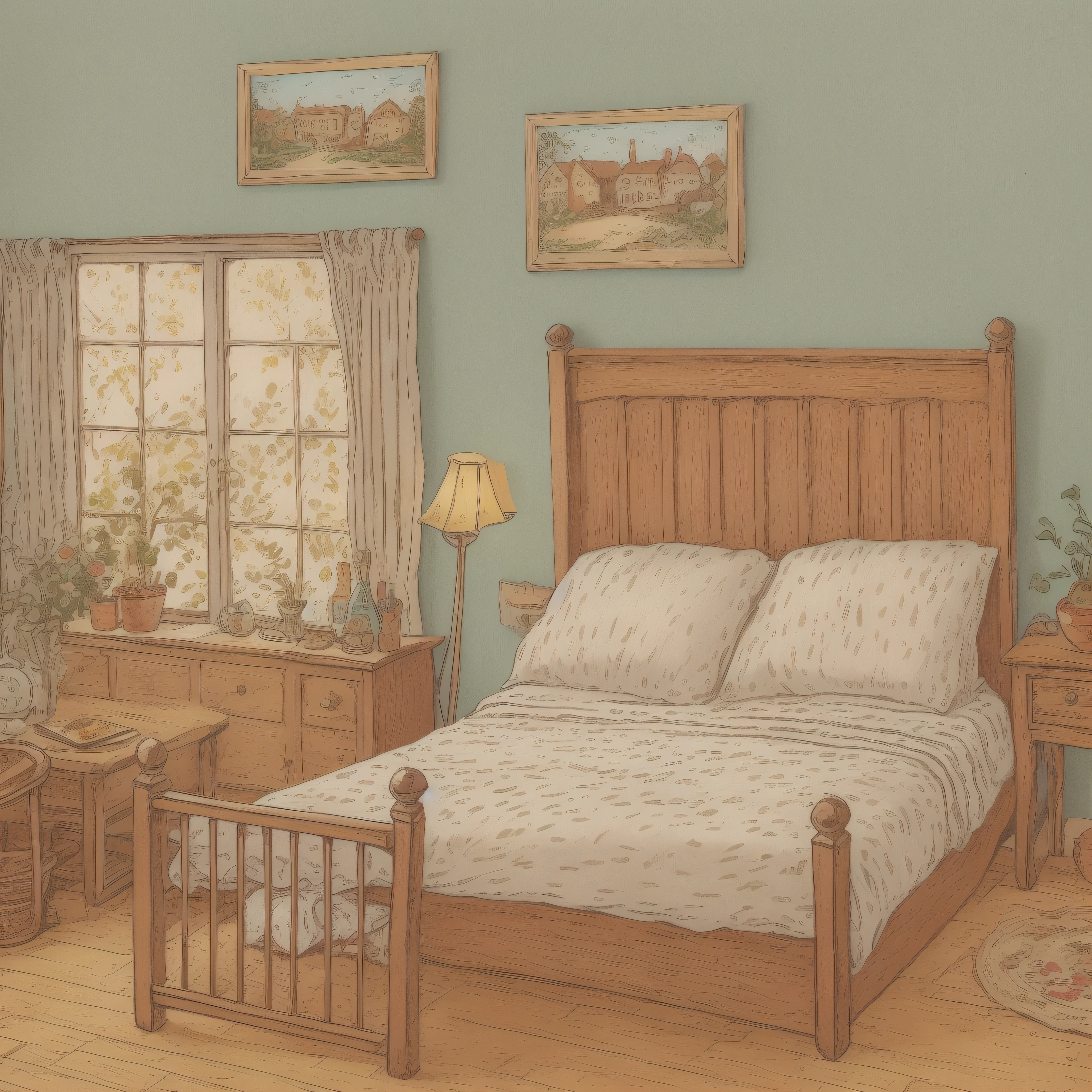 Children's picture book illustration, two beds in a village inn, setting image, cute, color illustration, composition material, colorful color, 18th century France,