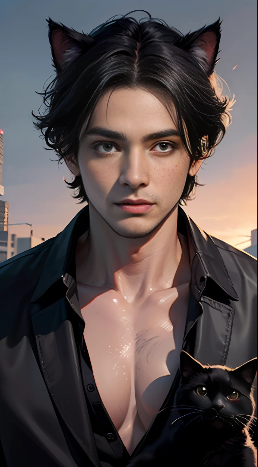 Solid round eyes, (male/male), majestic seriousness, fangs, (((black cat sheriff, anthropomorphic, cartoon character))), sheriff, eye reflection, glare, cat ears, surrealism, shadow, tachi-e, pov, atmospheric perspective, chiaroscuro, ray tracing, cinematic lighting, sony fe gm, from above, 8k, super detail, ccurate, best quality, uhd, masterpiece, high resolution, 8K