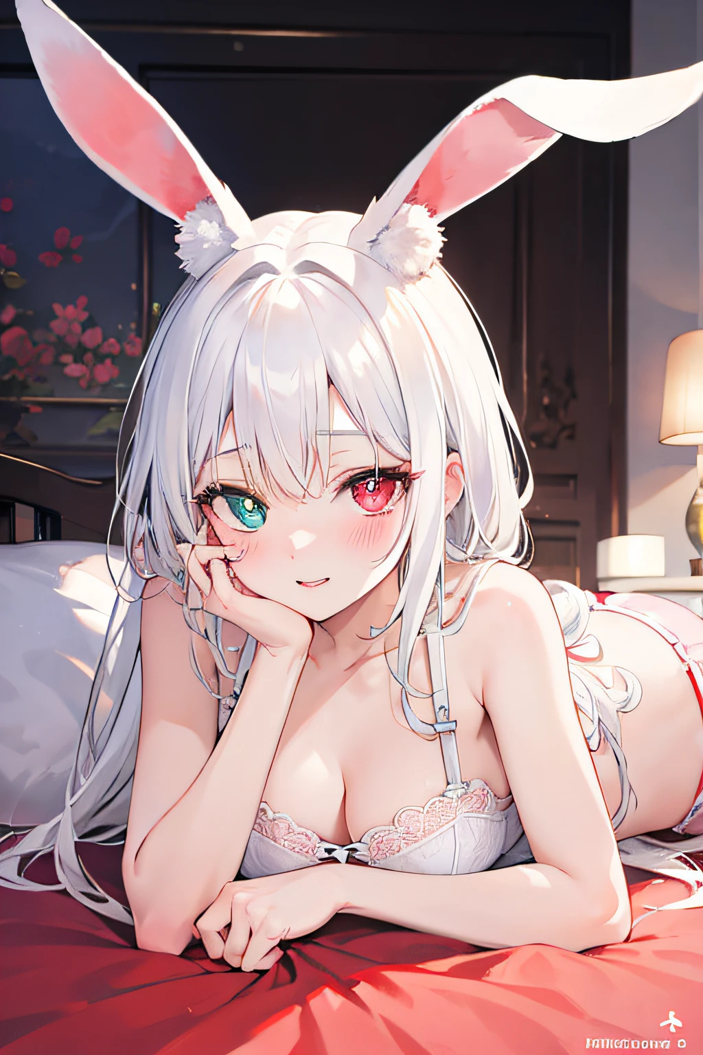 Lori, white hair, bed, cute, yellow-red heterochromic pupils, rabbit ears, lying down, teasing eyes, erotic underwear white, blush, love in eyes, panting