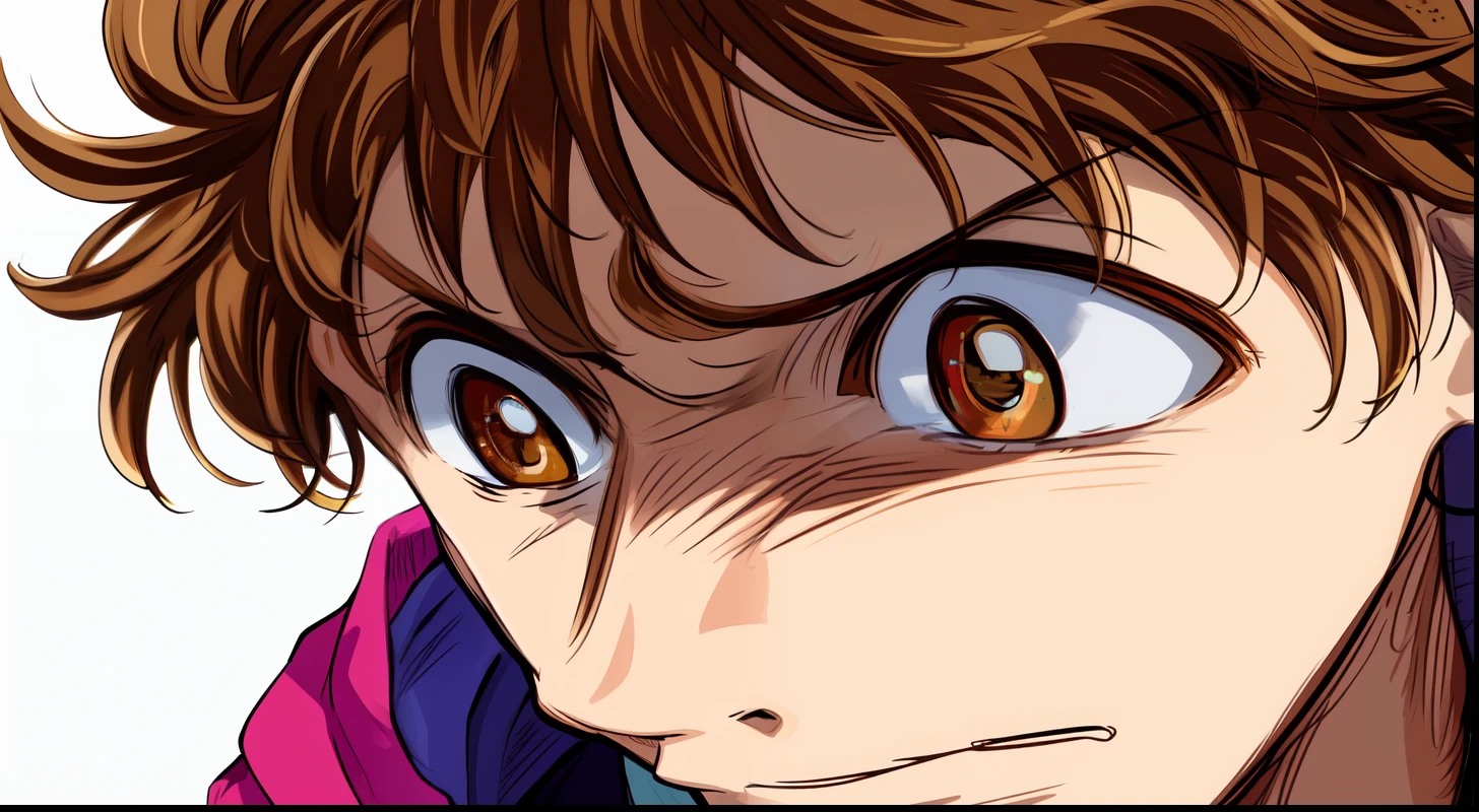 a anime of a man with a brown hair, close up, dreamy, brooding, sad, jacket, focus, color manga, manga color, color manga, color manga panel, simple background, a white background