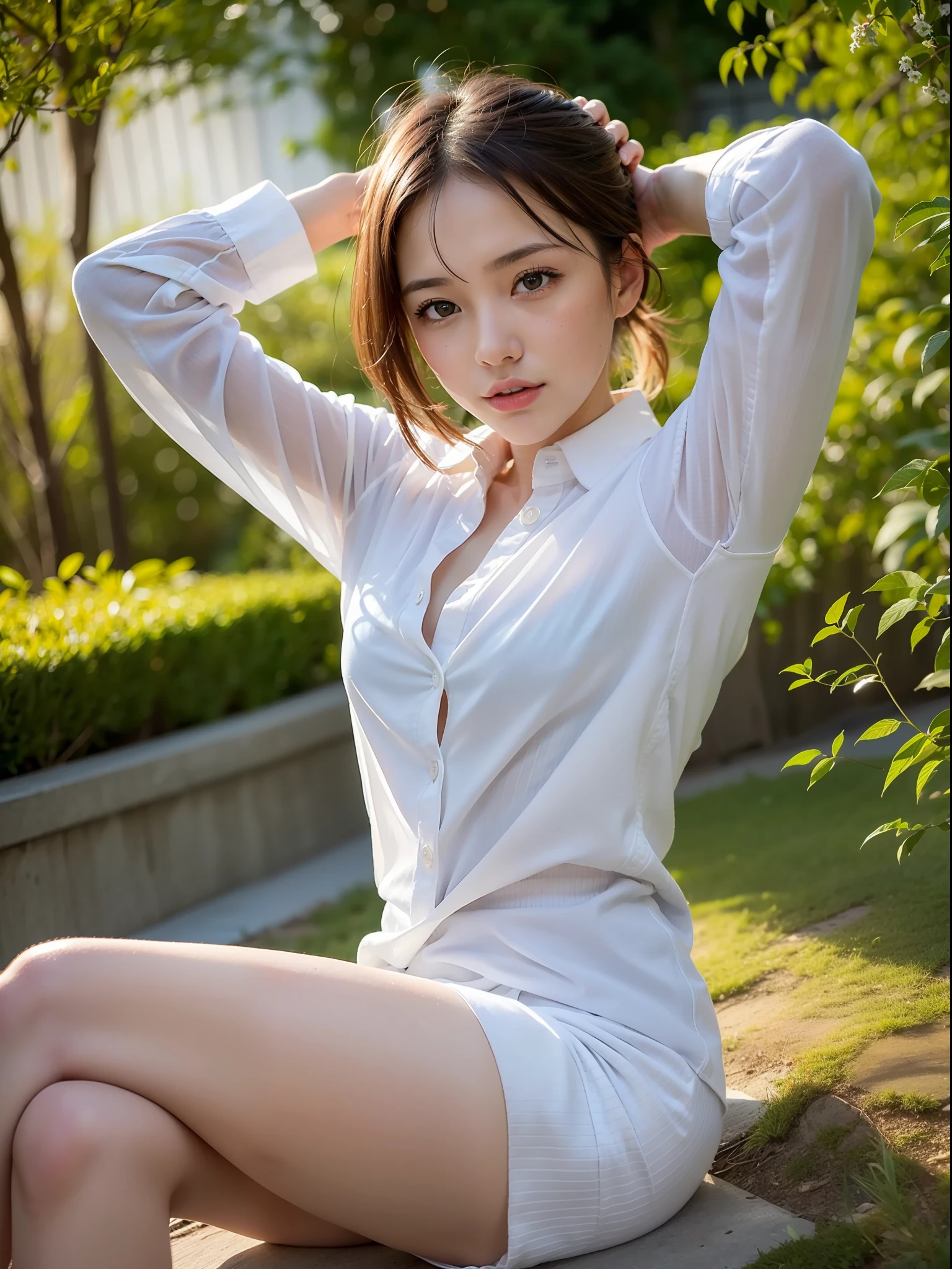 ((Best Quality, 8K, Masterpiece: 1.3, Raw Photo)), Sharp Focus: 1.2, (1 aespa Girl: 1.2), (Realistic, Photorealistic: 1.37), (Face Focus: 1.1), Cute Face, Tenderness, Small Breasts, Flat chest, Short Messy Hair, or pony tail, Beautiful Woman Sitting in Garden, arms up, White business shirt, night light, Movie Lighting