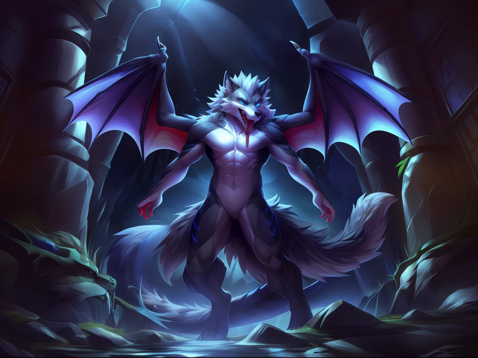 POV, correct ???????, furry, furry, ((lair (dragon-wolf hybrid), male, red details on arms, legs and ears, wolf nose, one blue eyes and one red, cute, white skin, blue horns, gray pectoral scales, large wolf tail, dragon wings, fluffy gray hair))). Bare body, upper body, rough slits, milk, splashed on body, saliva, extremely detailed art, tesudo, gorgeous colors, professional photos, various angles, detailed landscapes, hdt, tinta, dark light, more alluring settings, ultra 8k, HDR.