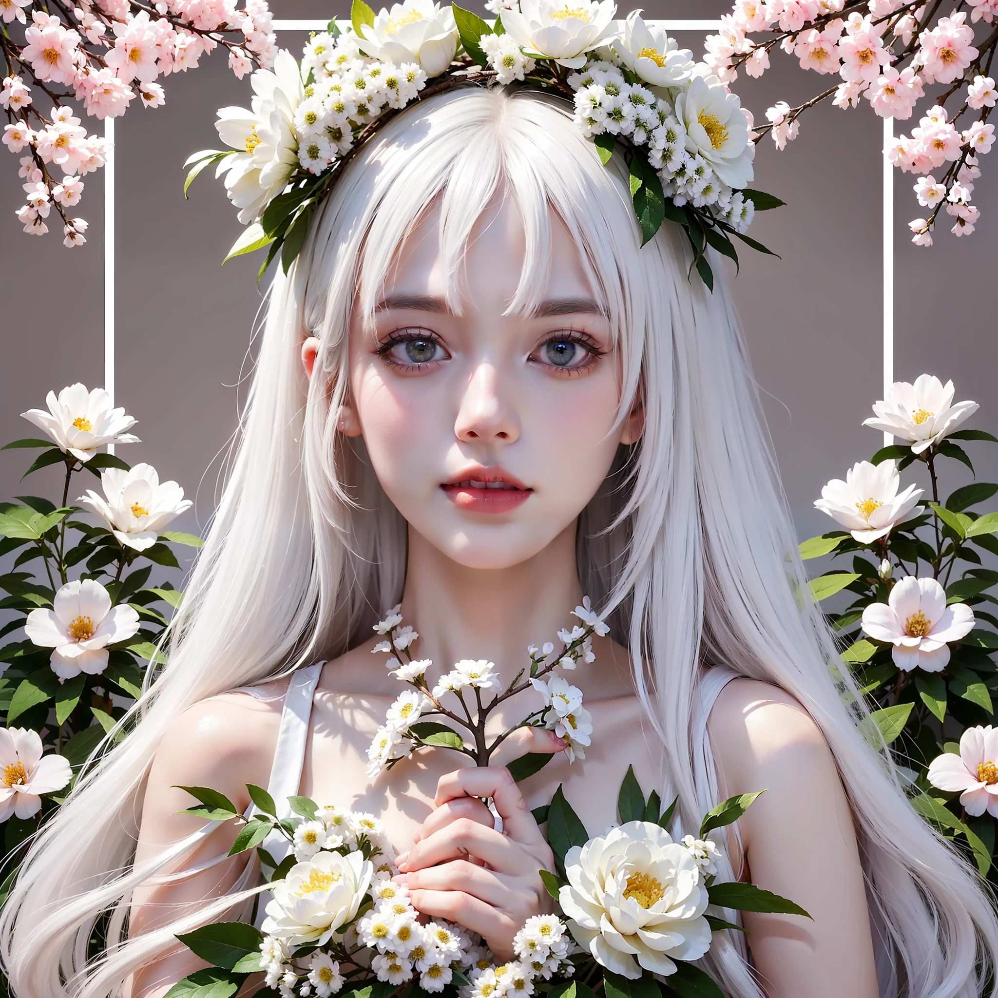 (1girl:1.2), (white hair:1.2), long hair, white eyes, light pink hair ornament, long bangs, hair between eyes, portrait,
white and pink dress, outline,
(hands on own face:1.2)
(white background:1.3), (Brownish red branches full of small white flowers:1.25), (Abelia:1.25), (upper body:1.3), (A splash of colored paint1.15), Movie poster,