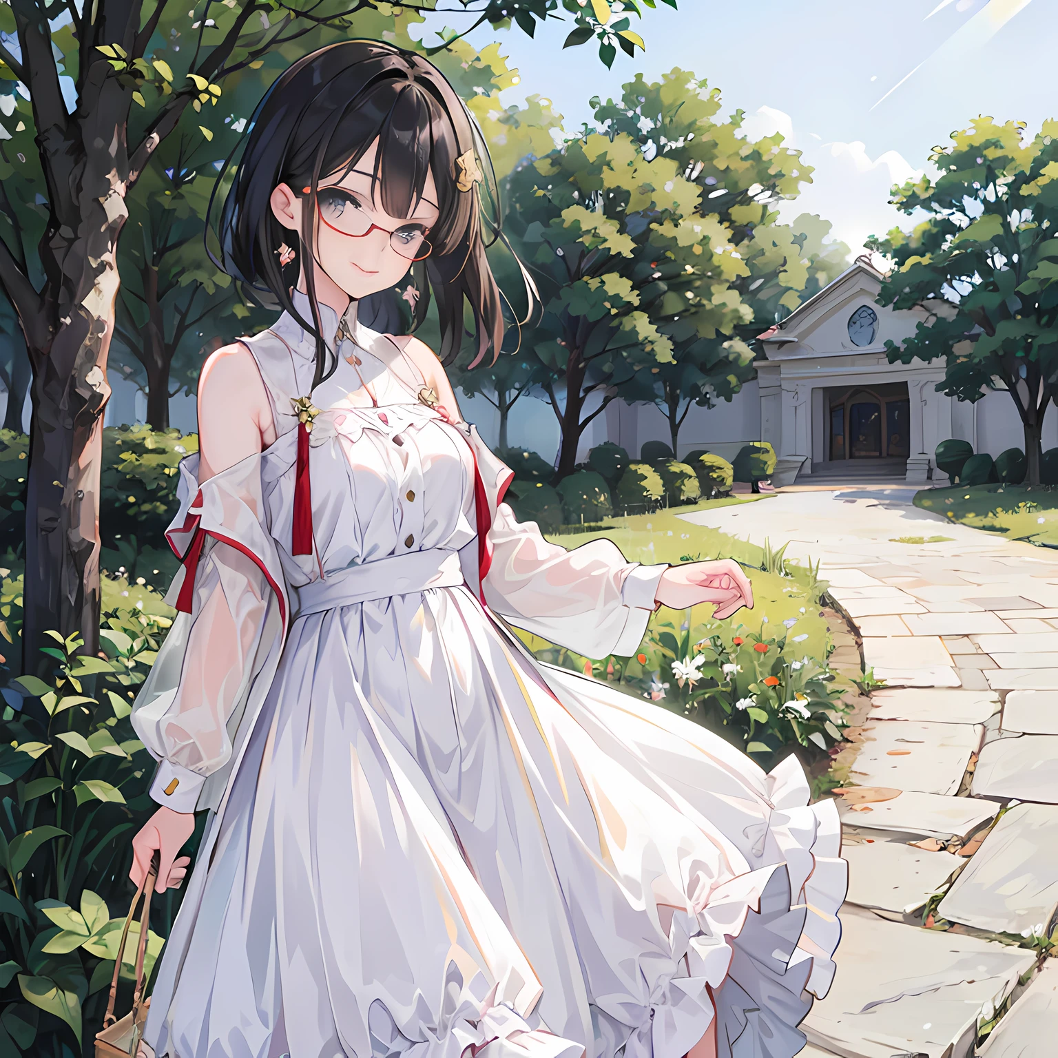 Masterpiece, top quality, a girl, standing outside under a big tree, white dress, wearing glasses, delicate facial features, sunlight on her face, smile