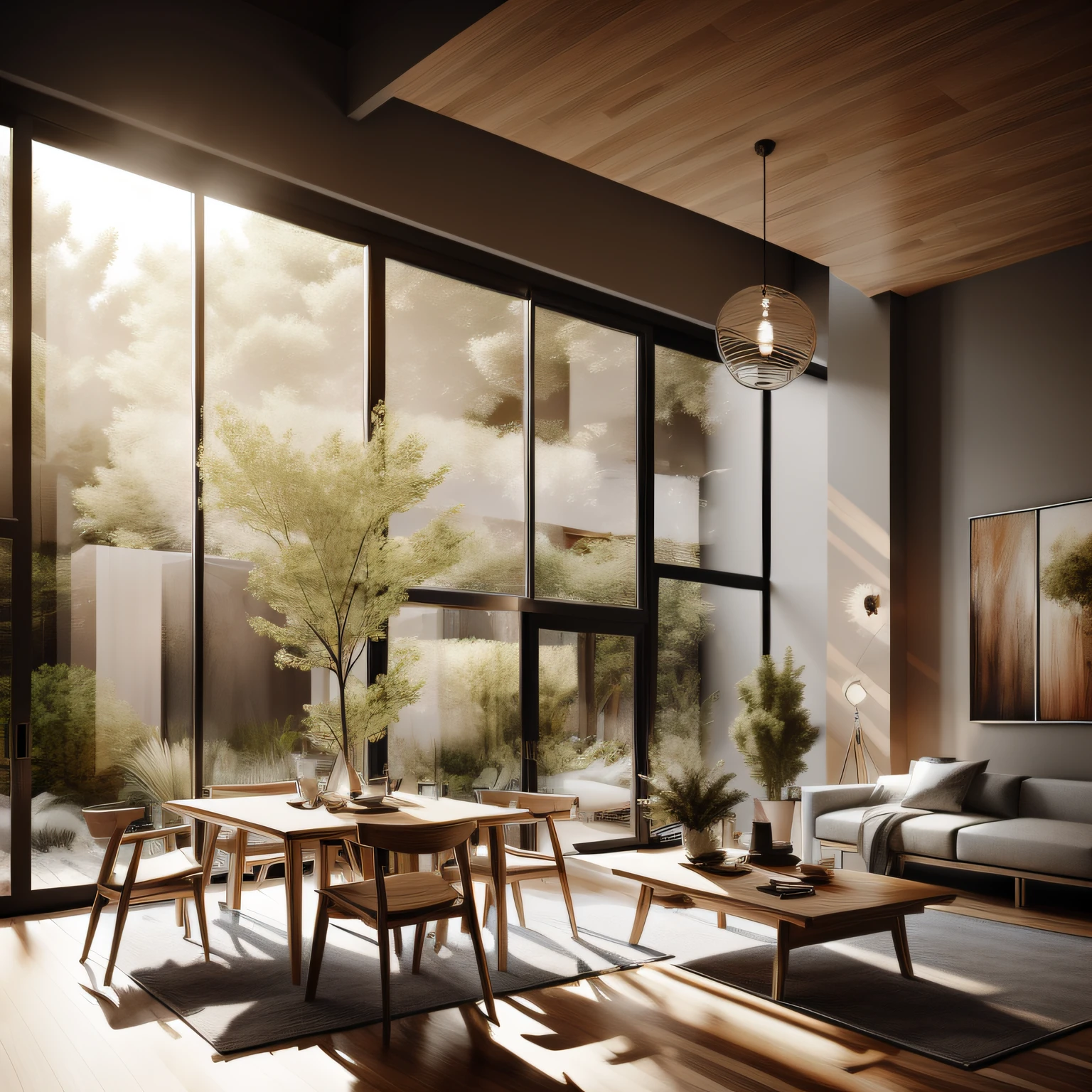 Interior design,insanely detailed wide angle architecture photography, cozy contemporary living room,(bright warm sunlight 1:0.1), award-winning contemporary interior design, scenery, table, chair, indoors, wooden floor, window, restaurant, east asian architecture, sliding doors, lamp, architecture, forest, nature, cup, plant,INTERIOR DESIGN,intersting lights and shadows, Depth of Field,low light, ,