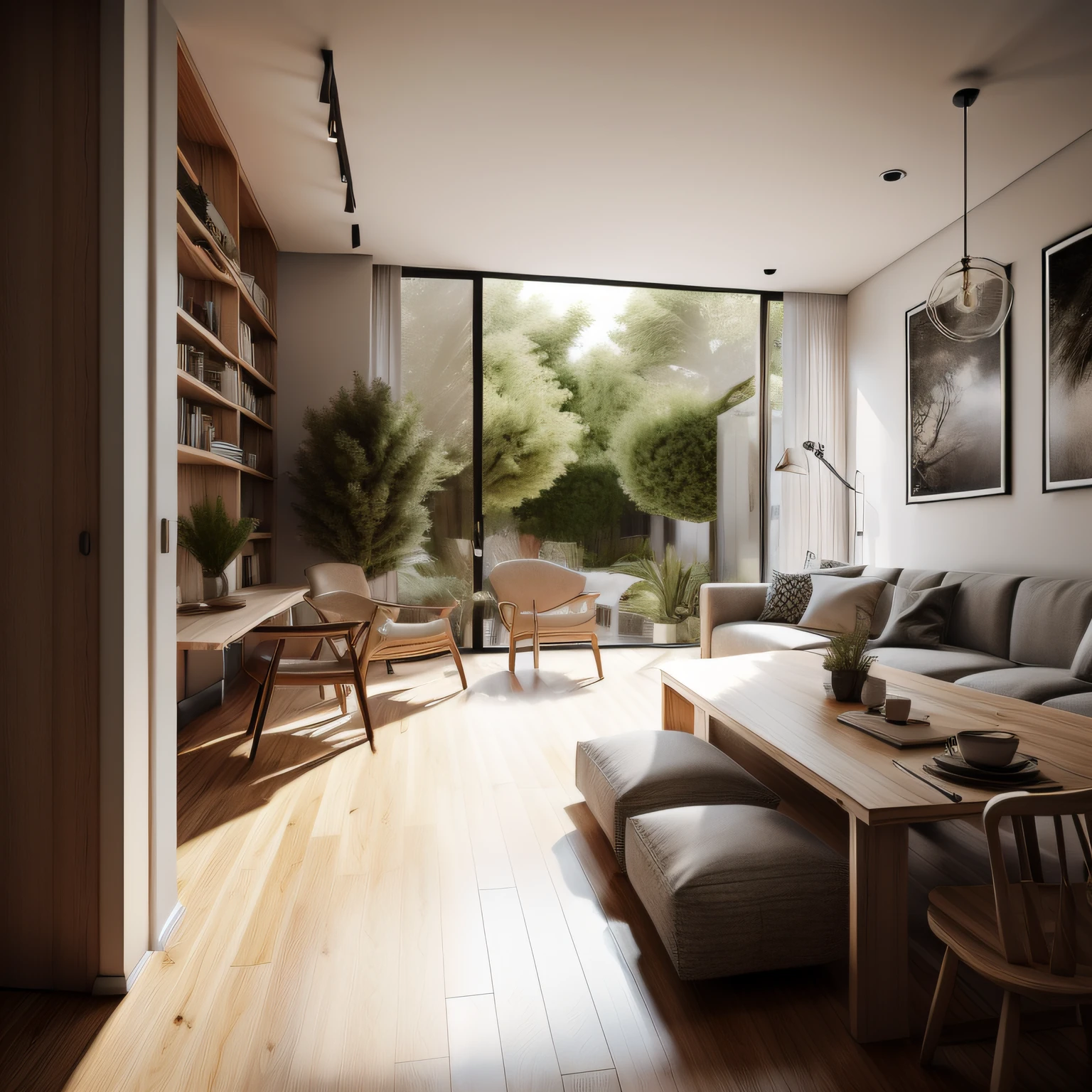 Interior design,insanely detailed wide angle architecture photography, cozy contemporary living room,(bright warm sunlight 1:0.1), award-winning contemporary interior design, scenery, table, chair, indoors, wooden floor, window, restaurant, east asian architecture, sliding doors, lamp, architecture, forest, nature, cup, plant,INTERIOR DESIGN,intersting lights and shadows, Depth of Field,low light, ,