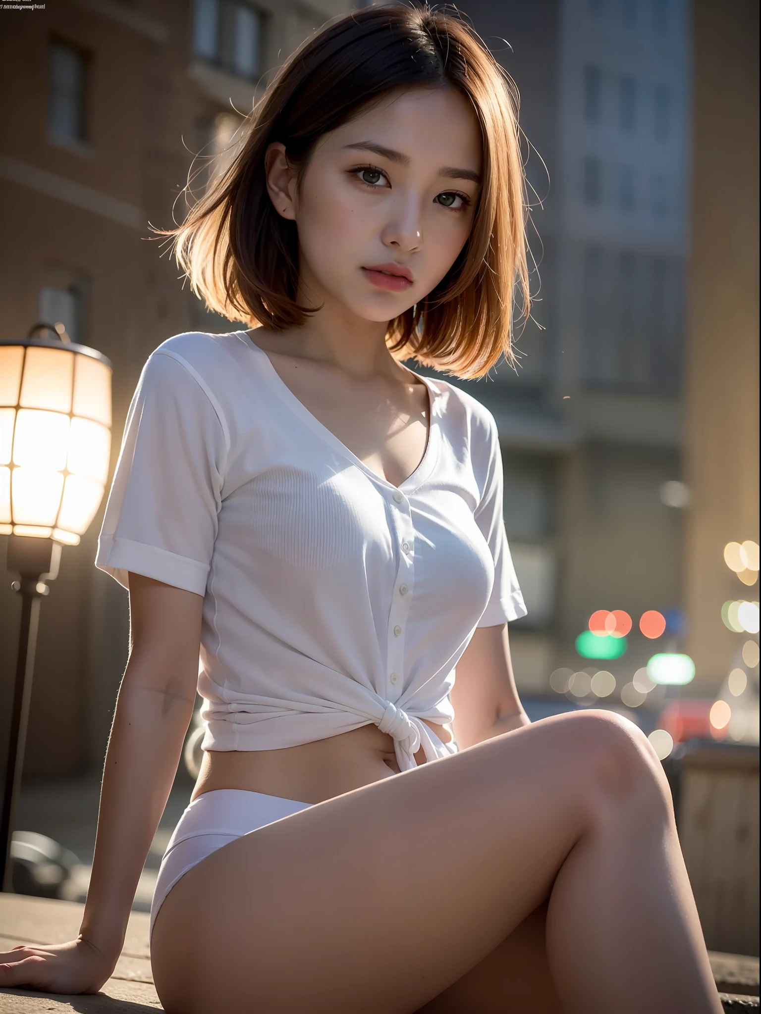 ((Best quality, 8k, Masterpiece: 1.3, raw photo)), Sharp focus: 1.2, (1 aespa girl: 1.2), (realistic, photo-realistic:1.37), (face focus: 1.1), cute face, kindness, small breasts, flat chest, short messy hair, white shirt, showing white panties, Beautiful Woman Sitting Under Street Lamp Light, cinematic lighting
