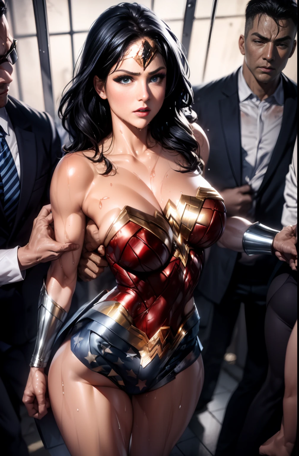 (molestation:1.8), wonder woman with blue eyes and muscular, ((Wonder Woman, (intricate details, makeup), (delicate and beautiful delicate face, delicate and beautiful delicate eyes, perfectly proportioned face), (glossy skin: 1.0), delicate skin, strong and realistic blue eyes, realistic black hair, lips, makeup, natural skin texture, tiara, red and gold bustier, Blue leotard with White Stars, bracelet, Red knee high boots, golden belt, (wonder woman clothing: 1.5), bare shoulders, ((light tan skin: 1.4)), mature, sexy, elastic muscles, (muscles: 1.2), ((strong and healthy body)), (((more) muscles))), cleavage, long legs, curves, (big breasts: 1.3), ribs, thin waist, soft waist, (delicate skin), (beautiful and sexy woman), (swollen lips: 0.9), (eyelashes: 1.2), very delicate muscles, perfect body, perfect anatomy, perfect details, perfect fingers, Perfect limbs, thigh gap)), prison, prison interior, prison entrance, prison background, large breasts, breast grab, ass grab, multiple men around her grabbing her breasts, breast grab, multiple hands, masterpiece, best quality, highly detailed, molestation, crowd of men, crowd surf, very realistic face, very realistic eyes, very large crowd of men around her, people grabbing her body, breasts squeezed, molesting, masterpiece, best quality, highly detailed, 1girl, multiple hands, stage, grabbing ass with crazy crowd, breast grab, men all around her, body squeezed, many people grabbing breasts, getting beat up, pulling clothes, extremely wet and sweaty, (wet:1.1), grabbing clothes, no women in crowd, men holding neck