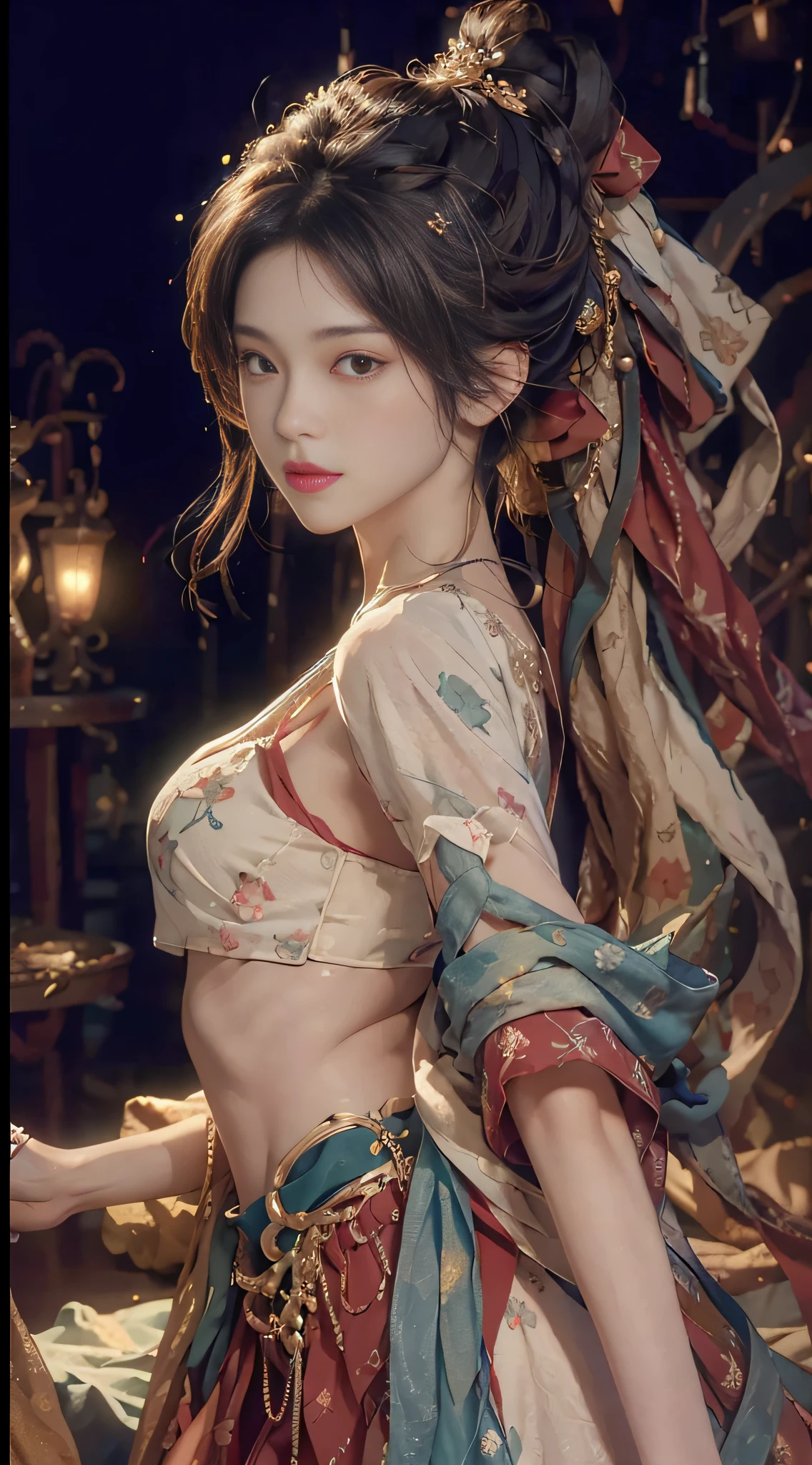 ((Night, Realistic Light, Best Quality, 8K, Masterpiece: 1.3)), 1girl, Slim Beauty: 1.4, Abs: 1.1, (Brown Hair, Middle Breasts: 1.3),