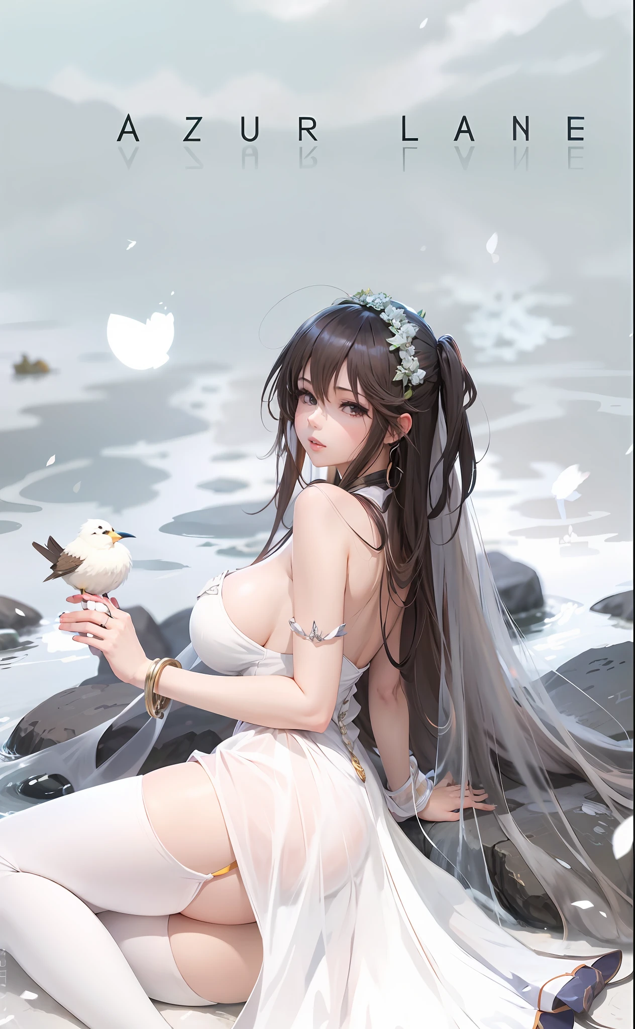 Anime girl sitting on rock in white dress with bird, guwiz, beautiful anime girl, guwiz in pixiv art station, guwiz style artwork, beautiful seductive anime woman, art station guwiz on pixiv, beautiful anime woman, anime goddess, cute anime waifu in beautiful clothes, seductive anime girl, from girl front, big breasts