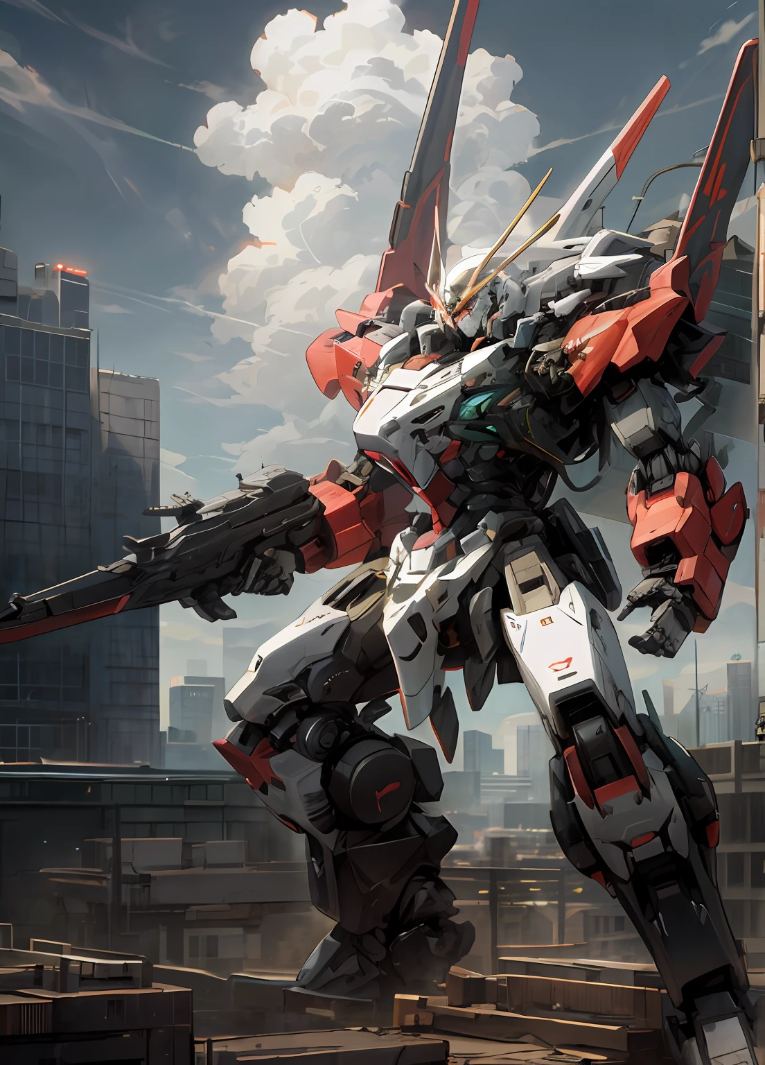 arafed robot standing on a rooftop with a city in the background, modern mecha anime, mecha art, cool mecha style, alexandre ferra white mecha, mecha anime, alexandre ferra mecha, an anime large mecha robot, mecha asthetic, mecha inspired, giant anime mecha, anime mecha aesthetic