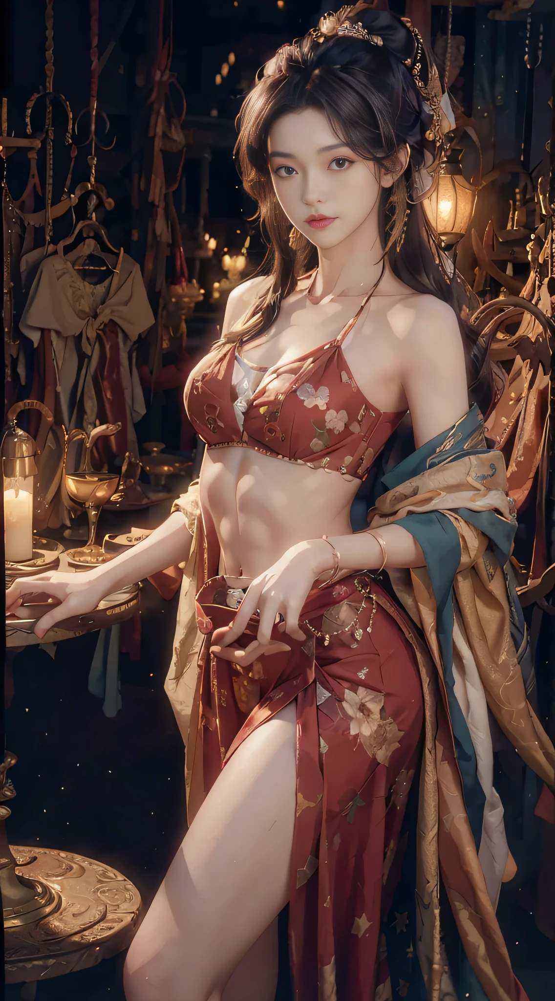 ((Night, Realistic Light, Best Quality, 8K, Masterpiece: 1.3)), 1girl, Slim Beauty: 1.4, Abs: 1.1, (Brown Hair, Middle Breasts: 1.3),