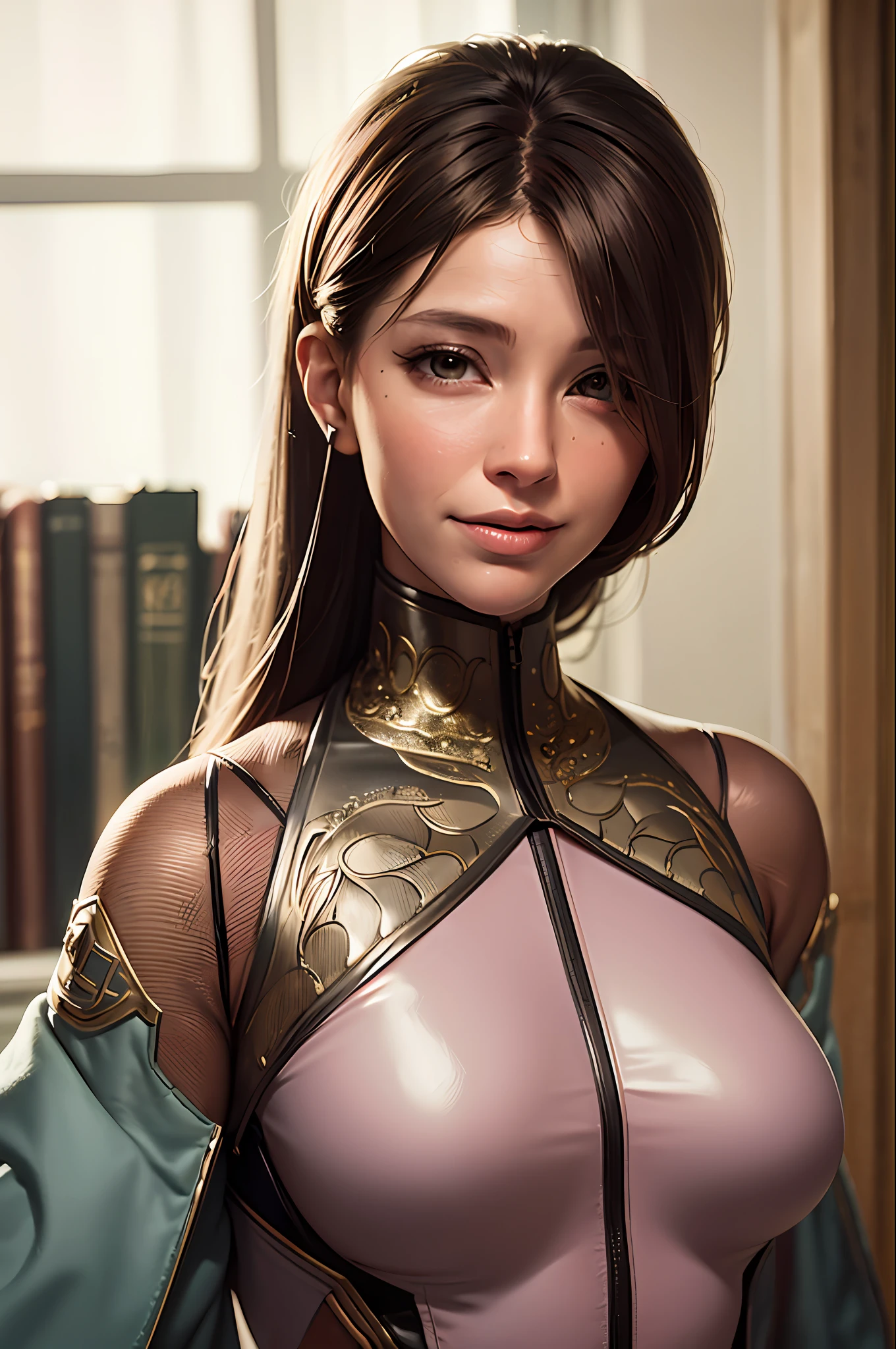 masterpiece, ((ultra detailed background, delicate pattern, intricate detail)), (highly detailed, fine details), best quality, beautiful lighting, ((medium breasts, slim girl)), (Evangeline Lilly:dua lipa) , ((mischievous smile)) ,(bangs covering one eye), ((light ginger hair)),headphones, (brown eyes), dark-purple jacket, ((pink bodysuit, full-body suit)), complex detailed background, inside, castle room environment, medieval castle, gray walls, window, bookshelf, (close-up, portrait),