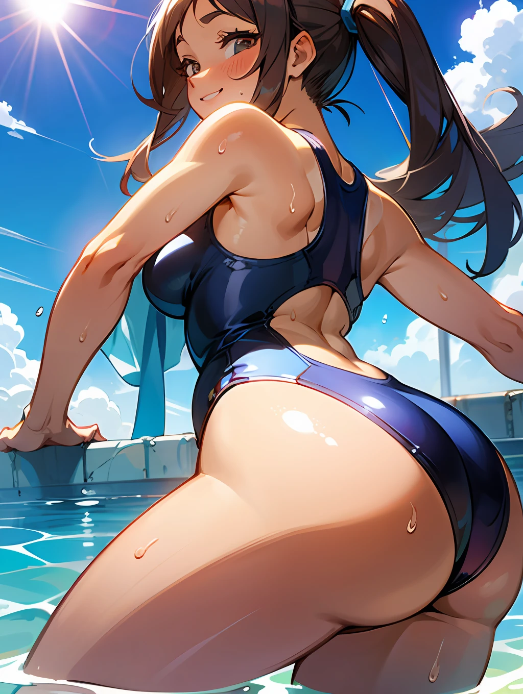 Masterpiece, super high quality, super detail, perfect drawing, solo, girl, back figure, round and cute ass, fleshy ass, ass thrust pose, B99W66H110, plump, blush, sweat, tanned skin, cheeky smile, swimming club, competitive swimsuit (+watermelon: 1.4), one-piece type swimsuit, sober swimsuit, , blue sky, cumulonimbus clouds, shining sun, diagonally down frontal shot, Bust up, see-through