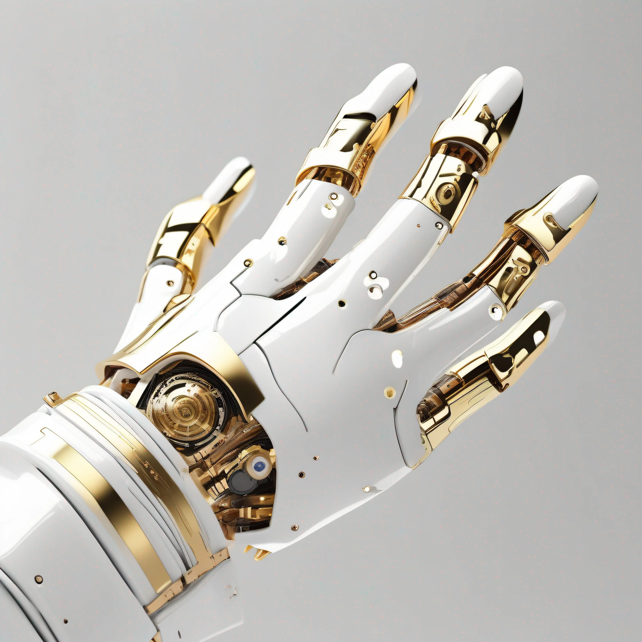 Robotic hand with gold and white accents