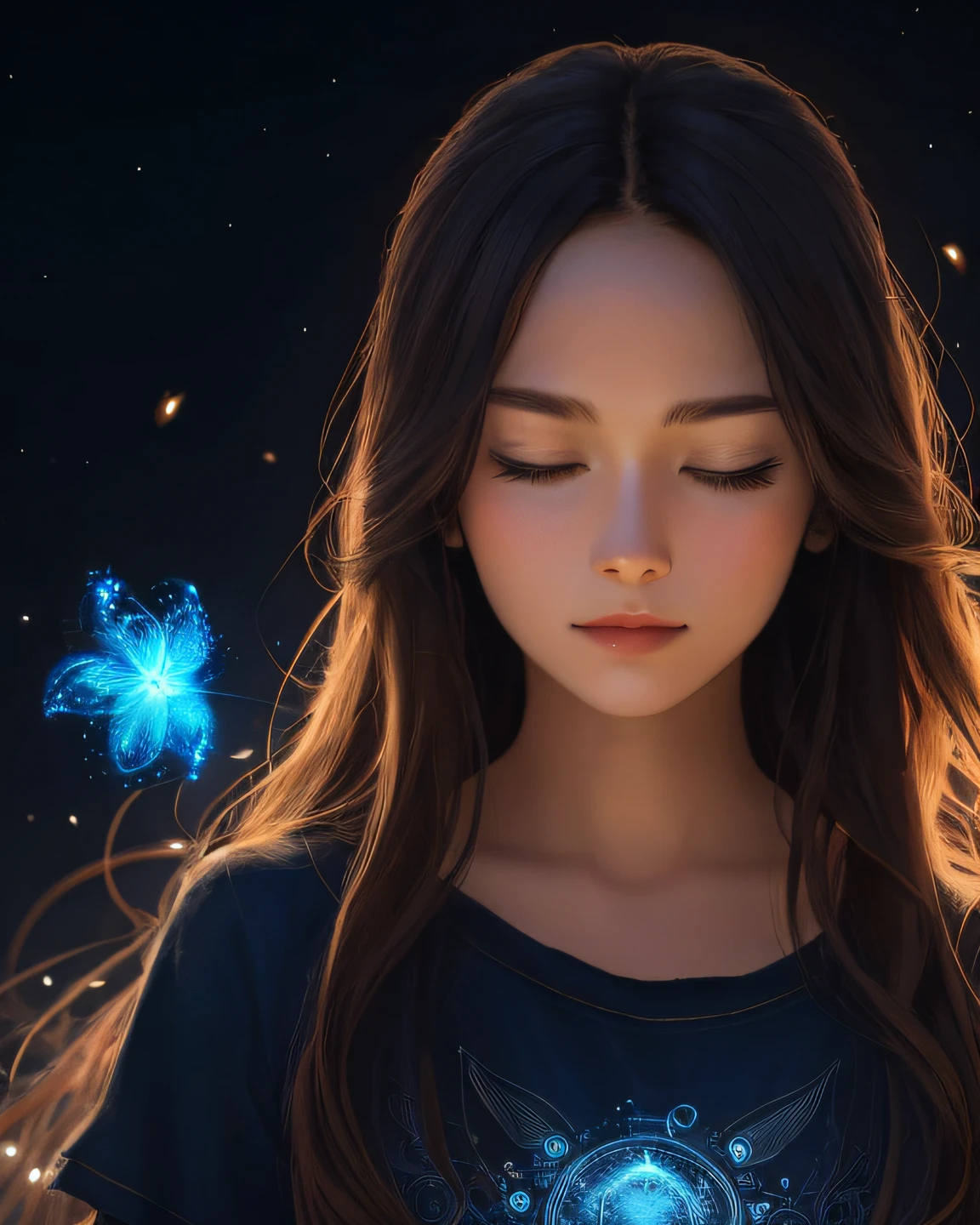 Beautiful art, one girl in long brown hair, wearing a blue t-shirt on a black background, illustration with intricate details, magical powers, zodiac, high quality HD wallpaper, close-up, closed eyes, cartoon.