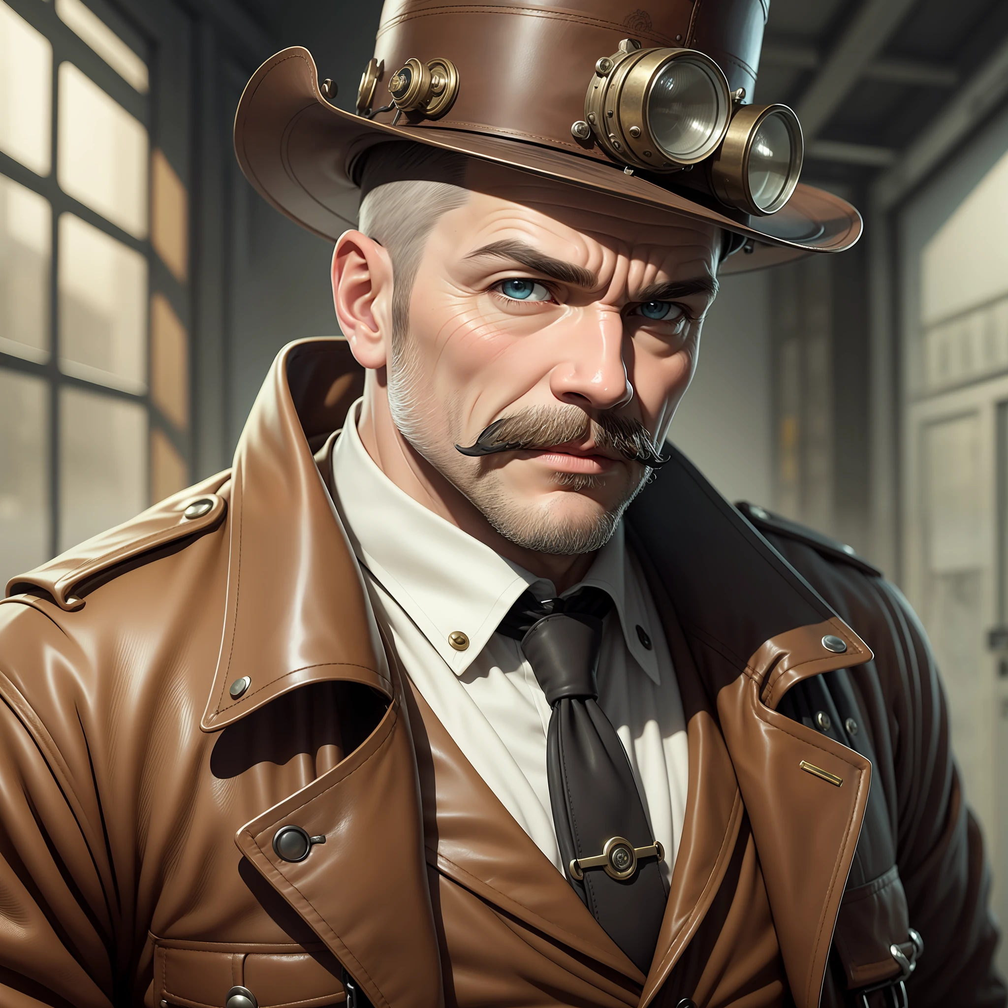 UmHome Detective, Conceptual Art, Realism, Godley, Film Lighting, Multiview, Canon, UHD, High Detail, High Quality, HD, 16k, Steampunk, Strong Big Middle Aged Man, Steampunk, Vintage Pilot Goggles, Leather Jacket, Leather Vest, Leather Pants, White Shirt, Top Hat, (Face: 1.3), Face, Detailed face, perfect eyes, serious expression, skinhead, mustache, industrial background, intricate details, natural light, correct anatomy, good composition, masculine image, manly, refreshing and clear skin texture, perfect anatomy, holding a handgun in right hand