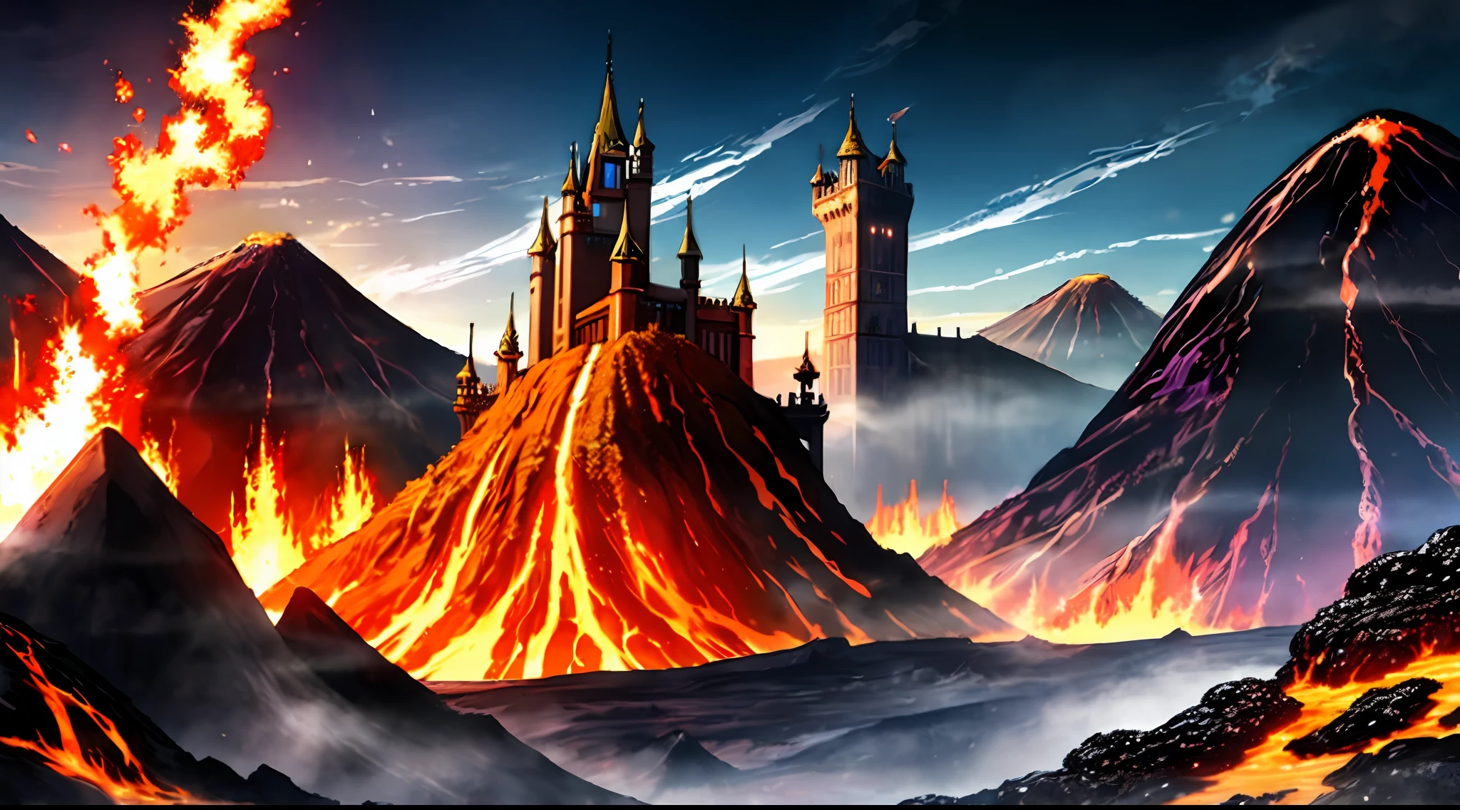 "(Magnificent masterpiece, top-tier quality) Generate an Anime artwork showcasing a captivating Fantasy scenario featuring a castle, surrounded by flowing lava, with a background of a volcanic eruption."