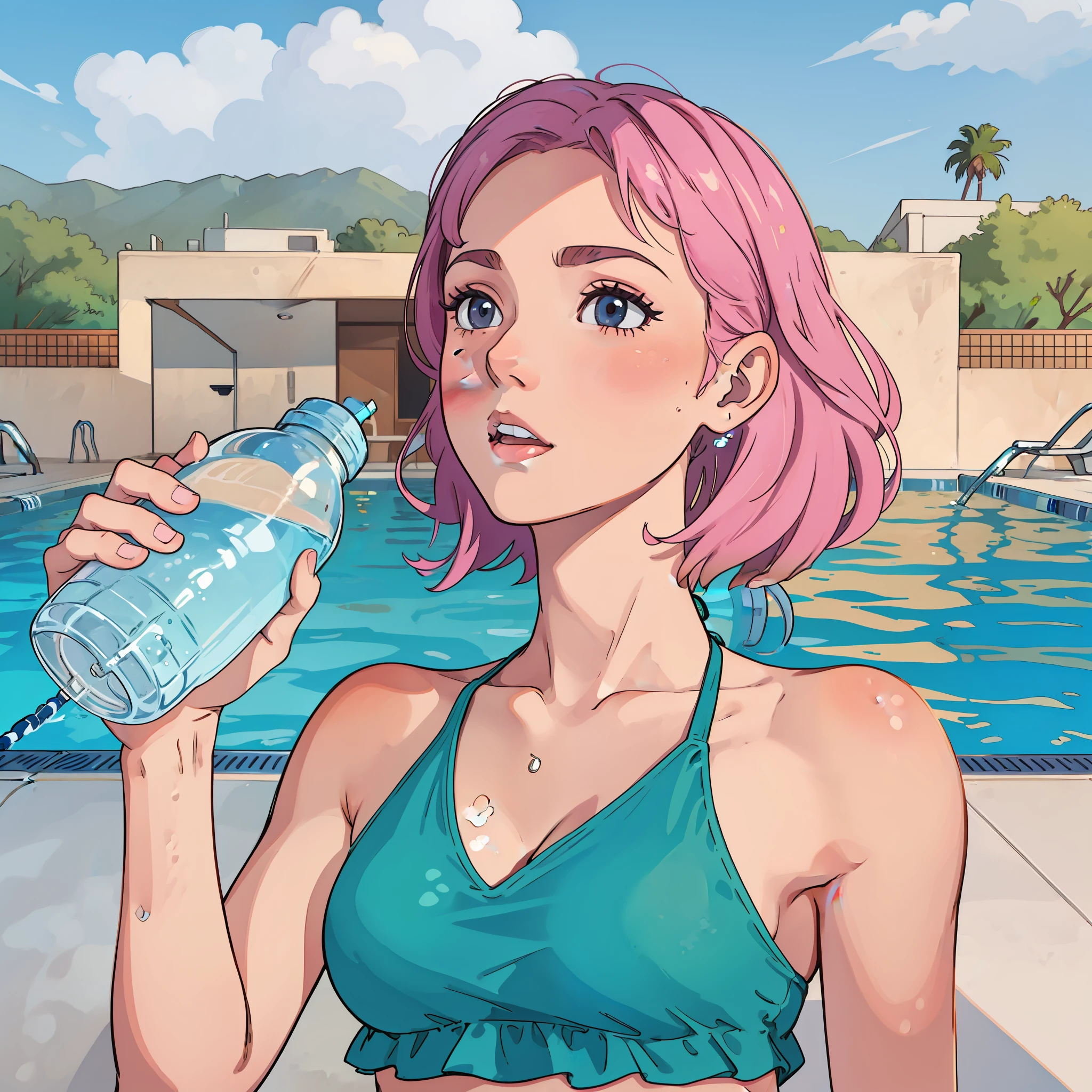 There is a woman in bikini drinking water by the pool, , swimming, poolside,woman holding a plastic bottle