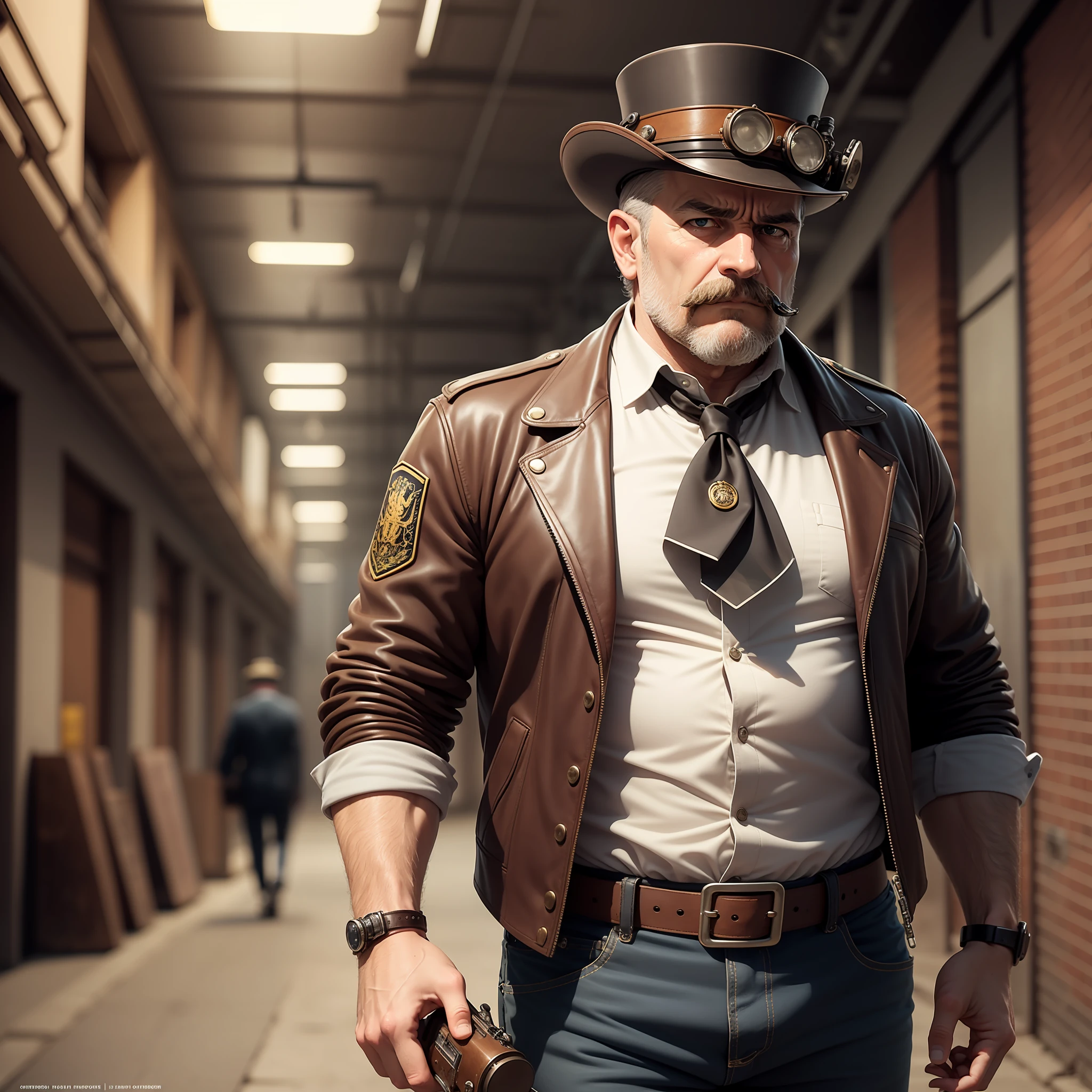 UmHome Detective, Conceptual Art, Realism, Godley, Film Lighting, Multiview, Canon, UHD, High Detail, High Quality, HD, 16k, Steampunk, Strong Big Middle Aged Man, Steampunk, Vintage Pilot Goggles, Leather Jacket, Leather Vest, Leather Pants, White Shirt, Top Hat, (Face: 1.3), Face, Detailed face, perfect eyes, serious expression, skinhead, mustache, industrial background, intricate details, natural light, perfect anatomy, good composition, masculine image, manly, refreshing and clear skin texture, holding a pistol in right hand