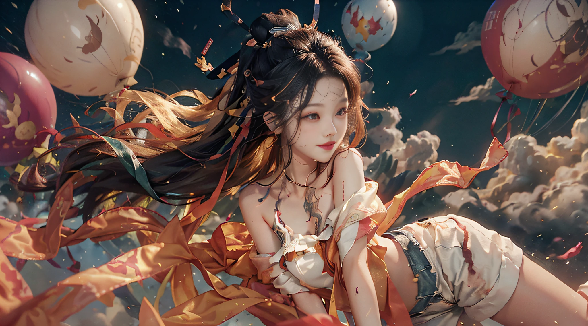 Slim beauty: 1.4, Tattoo: 1.1, (Brown hair, Middle breasts: 1.3), ((busts)), (2 arms)), (2 legs)), ((Bare shoulders)), (Seductive), (Glamorous), (Beautiful Detailed Face))), ((Messy Hair)), ((Smiling)), (Gradient Eyes)), ((White Cloud Background)), ((Chest Shrinkage)), ((Shorts)), ((High Saturation)), ((Balloon)), ((Dynamic Angle)), ((Dynamic Angle)), (( City)),((Night)),((Outdoor)),((Highly detailed face and skin texture)),((Double eyelid)),((Skin whitening)),((Magazine cover)),