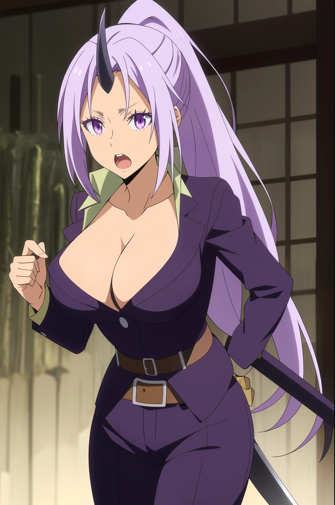 Shion 
1girl, belt, breasts, cleavage, collarbone, holding, holding_sword, holding_weapon, horns, katana, large_breasts, long_hair, open_mouth, pants, ponytail, purple_eyes, purple_hair, purple_jacket, shirt, simple_background, single_horn, solo, sword, very_long_hair, weapon, white_background