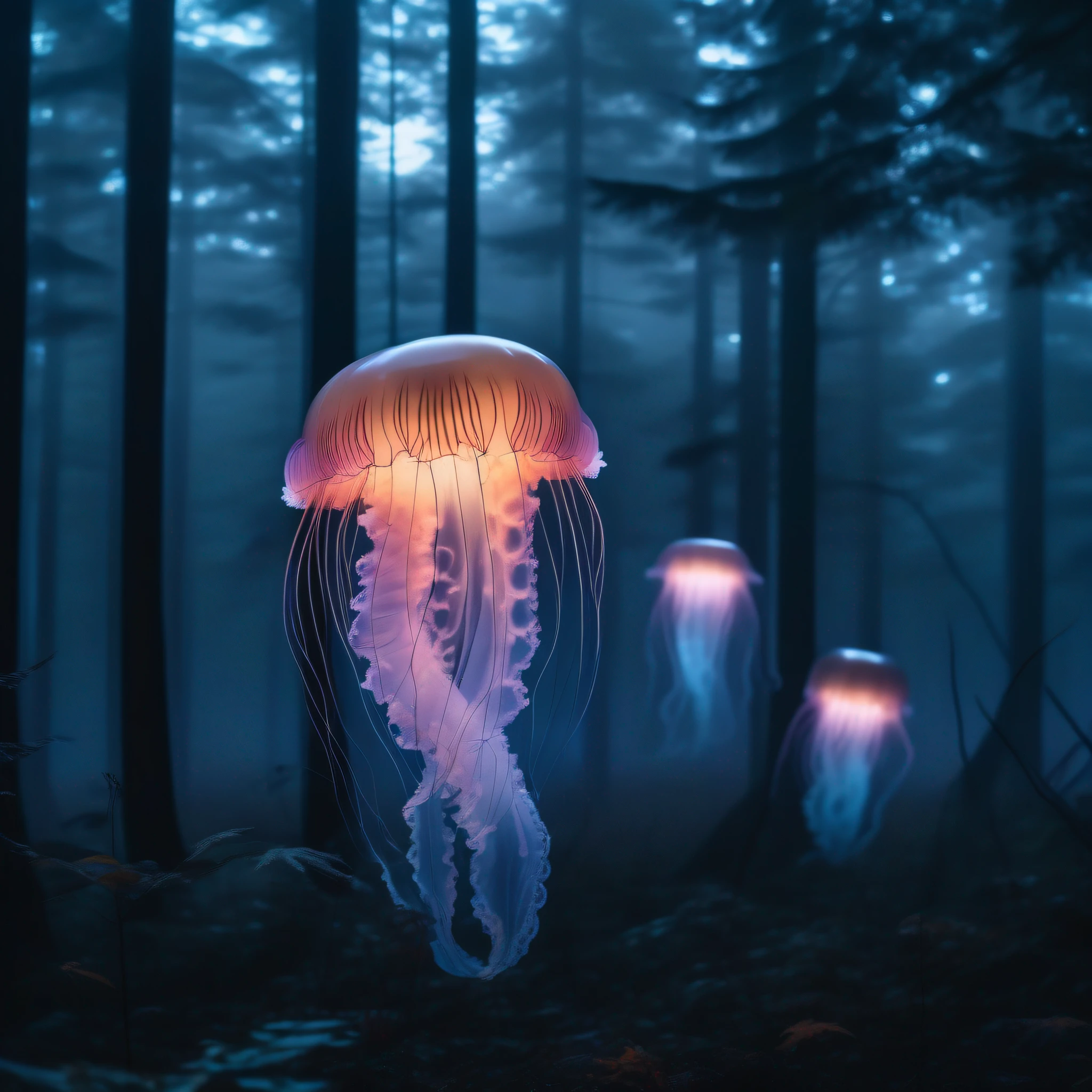 Glowing jellyfish floating through a foggy forest at twilight