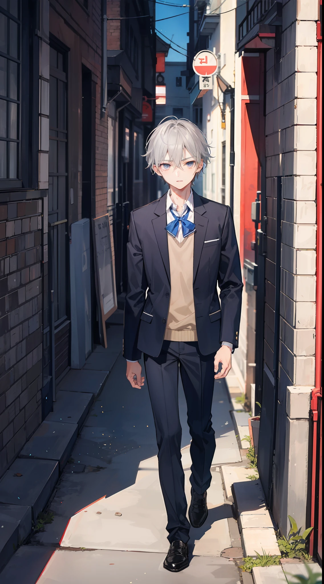 1boy, , wearing a high school uniform, gray hair and eyes, was standing in a deserted alley, his eyes sharp