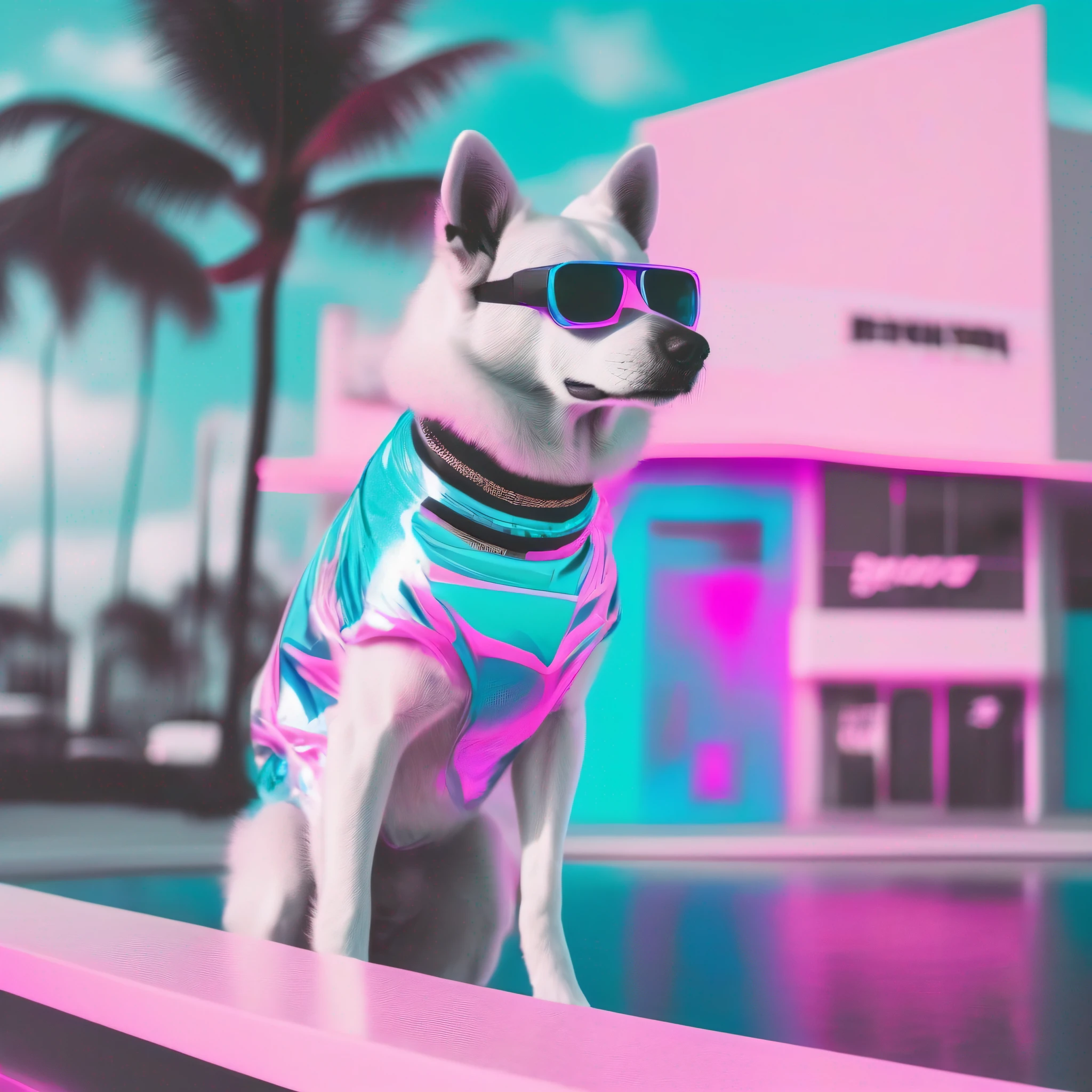 Shot of Vaporwave fashion dog in miami