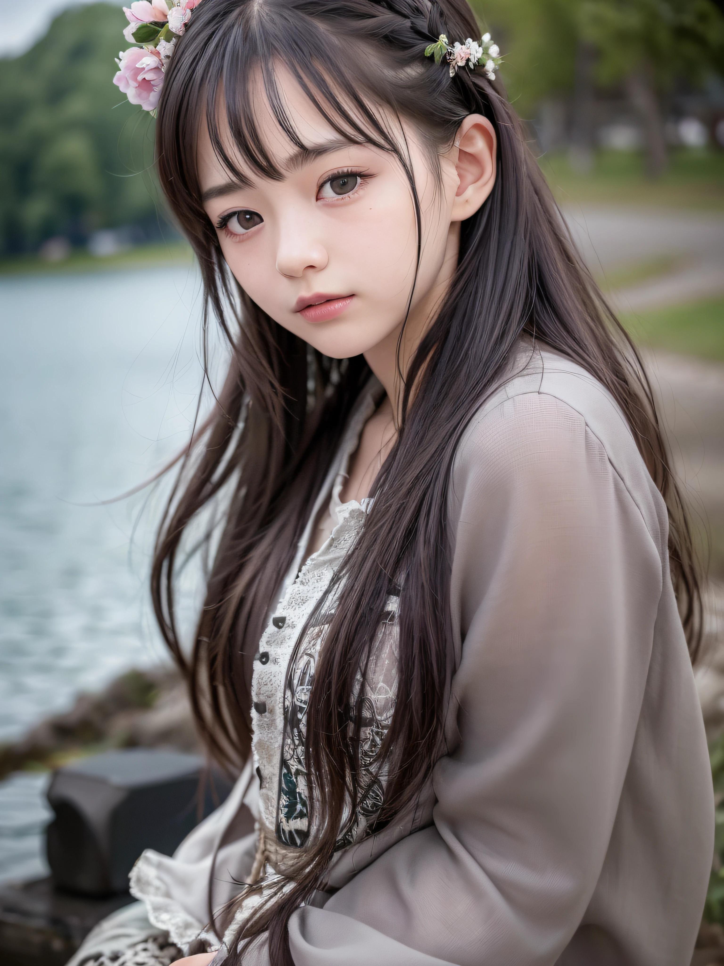 (realistic, photo-realistic:1.37), incredibly absurdres, (insanely detailed:1.3), 8k, (masterpiece), (best quality:1.4), (ultra high res:1.2), (RAW photo:1.2), ultra detailed background, (unity 8k wallpaper), 1 nogizaka girl, utterly cute, (((bishojo:1.35))), (((:1.4))), (chiemsee tracht), an exquisitely detailed and beautiful face and eyes and skin, detailed black shine hair, small-medium breasts, a chiemsee tracht with delicate and beautiful soft fabric, smile at the camera, cowboy shot, lake geneva landscape of swiss, professional lighting