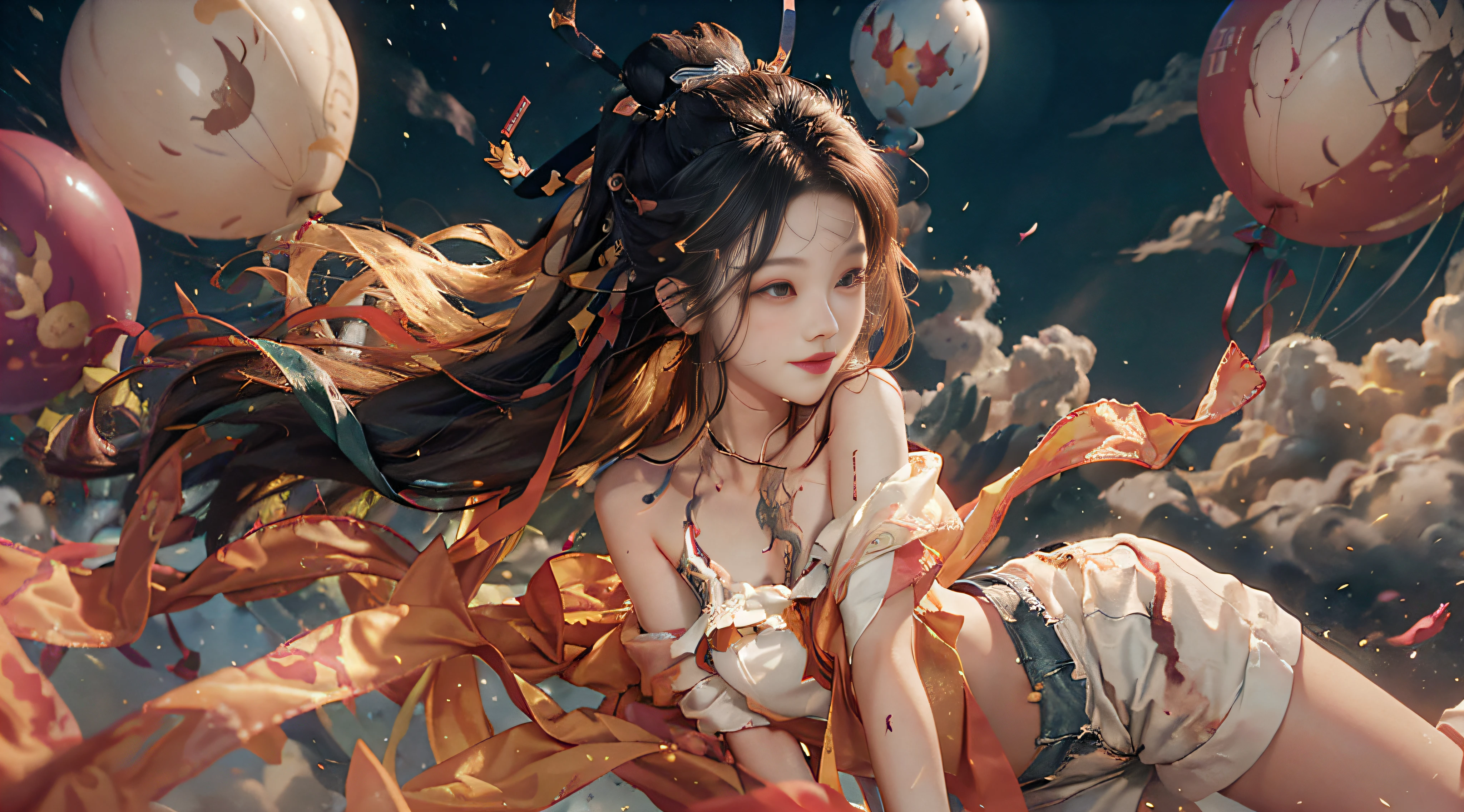 Slim beauty: 1.4, Tattoo: 1.1, (Brown hair, Middle breasts: 1.3), ((busts)), (2 arms)), (2 legs)), ((Bare shoulders)), (Seductive), (Glamorous), (Beautiful Detailed Face))), ((Messy Hair)), ((Smiling)), (Gradient Eyes)), ((White Cloud Background)), ((Chest Shrinkage)), ((Shorts)), ((High Saturation)), ((Balloon)), ((Dynamic Angle)), ((Dynamic Angle)), (( City)),((Night)),((Outdoor)),((Highly detailed face and skin texture)),((Double eyelid)),((Skin whitening)),((Magazine cover)),