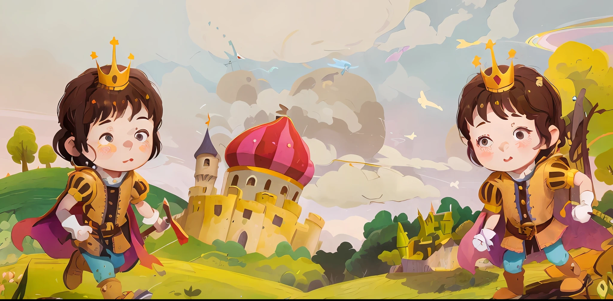 cartoon illustration of two children dressed in costumes and holding swords, fairy tale style background, background artwork, promotional art, background art, castle background, fairy-tale illustration style, childrens art in artstation, magical castle school on a hill, mobile game art, official illustration, official art, flying cloud castle, colorful kids book illustration, magical fantasy 2 d concept art