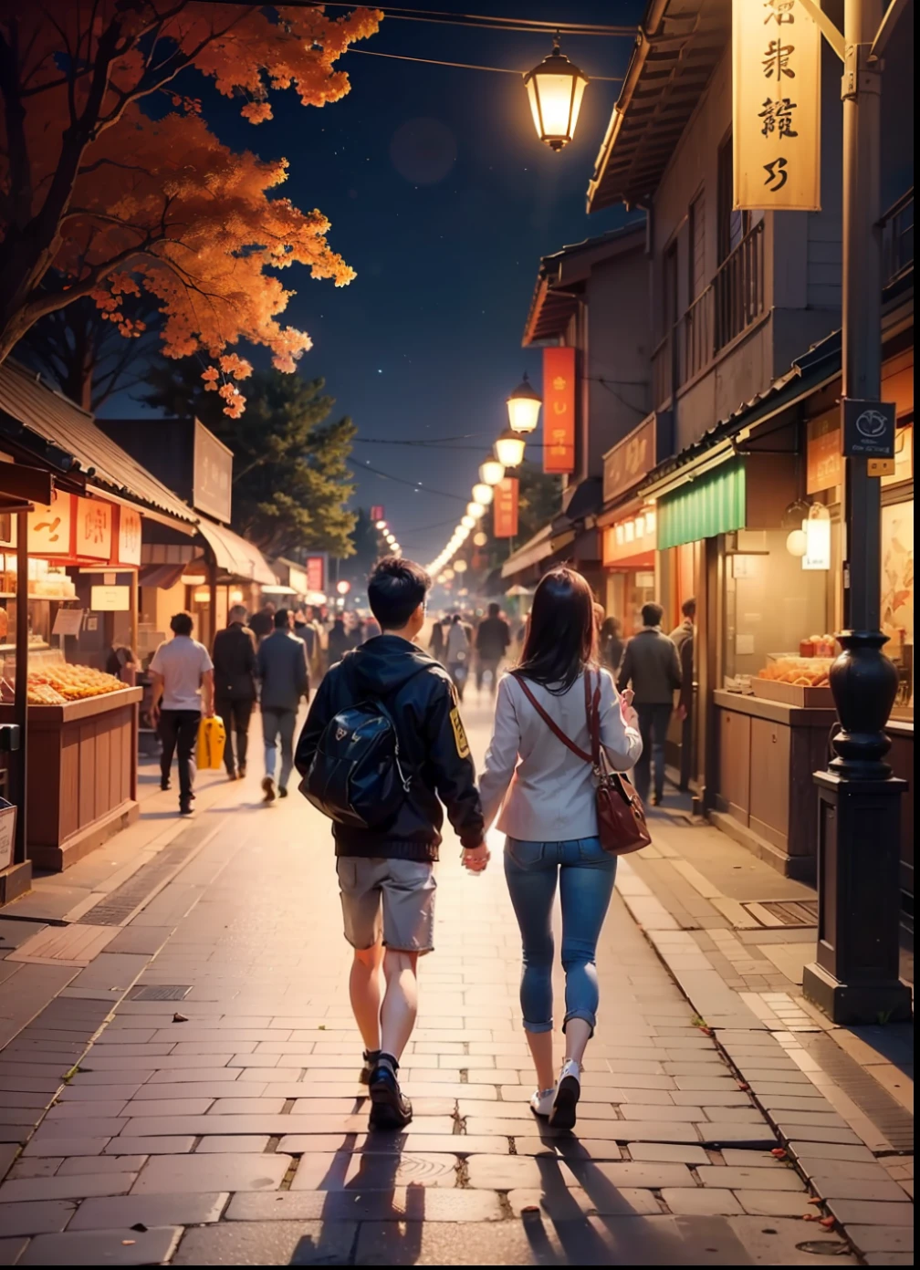 masterpiece, best quality, ultra-detailed, illustration, omatsuri, food stand, beautiful eyes, looking at viewer, from behind, back shot, yukata, tree, outdoors,road, walking, crowd, night, lantern, festival, food, pavement, crosswalk, paper lantern, lamppost, night sky,(((a boy and a beautiful girl in their twenties))), in love, romance